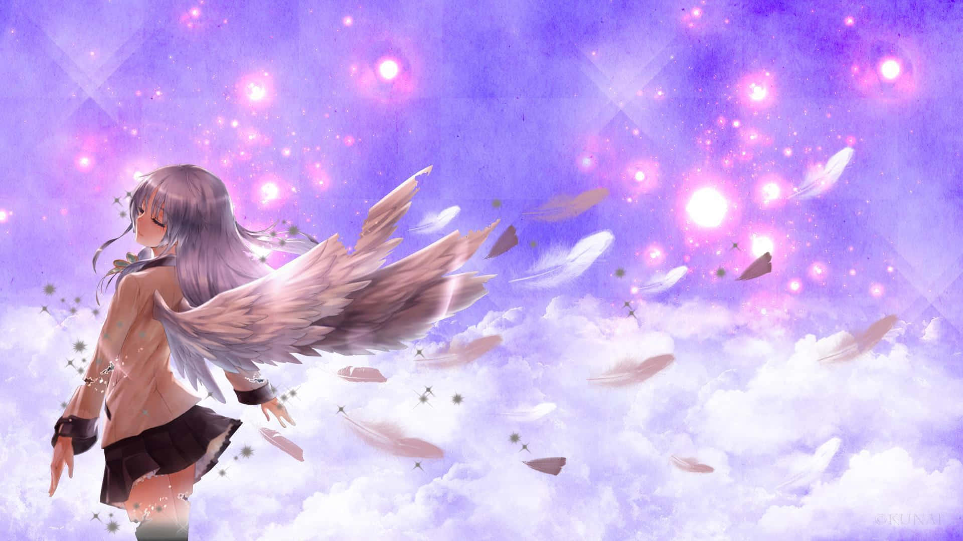 Cute Angels, angel wings, glowing purple clouds, Full HD Desktop Wallpaper