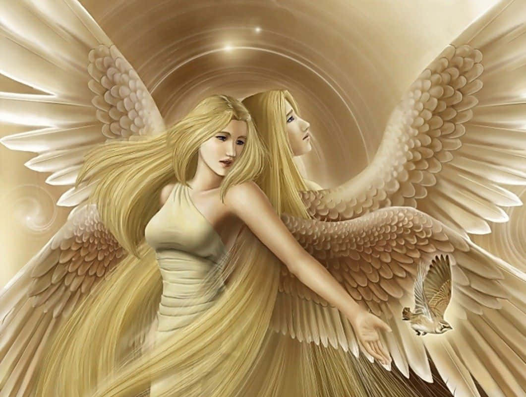 cute angel, golden blonde hair, golden wings, SD Desktop Wallpaper