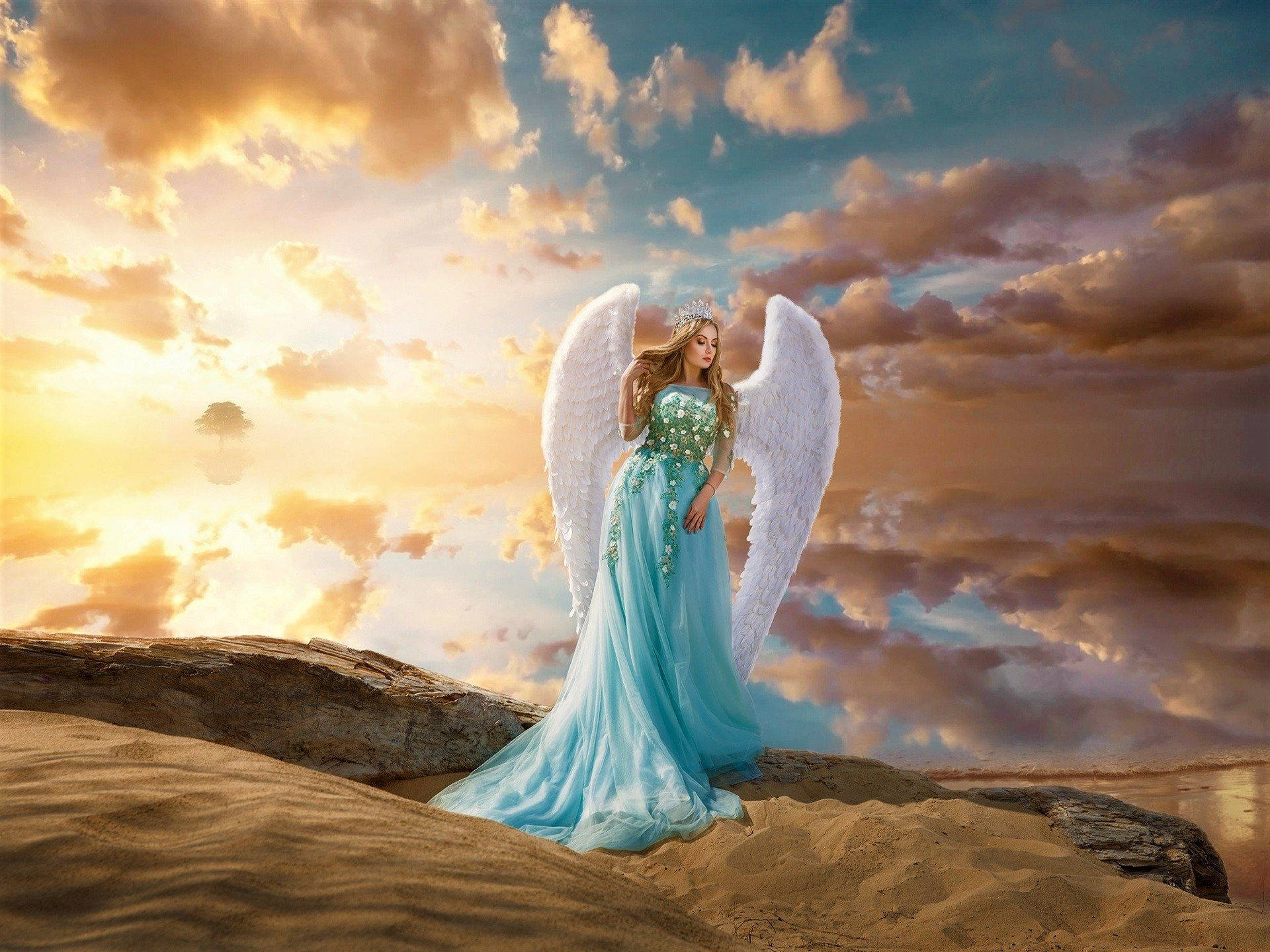 angel, light blue dress, desert rock, Full HD Desktop Wallpaper