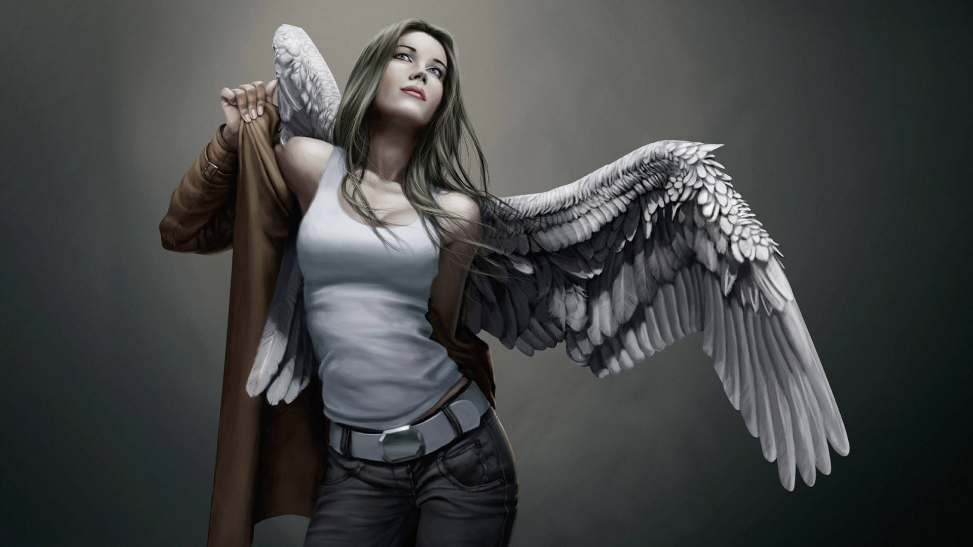 Beautiful Angels In Disguise, white wings, dimly lit studio, Full HD Desktop Wallpaper