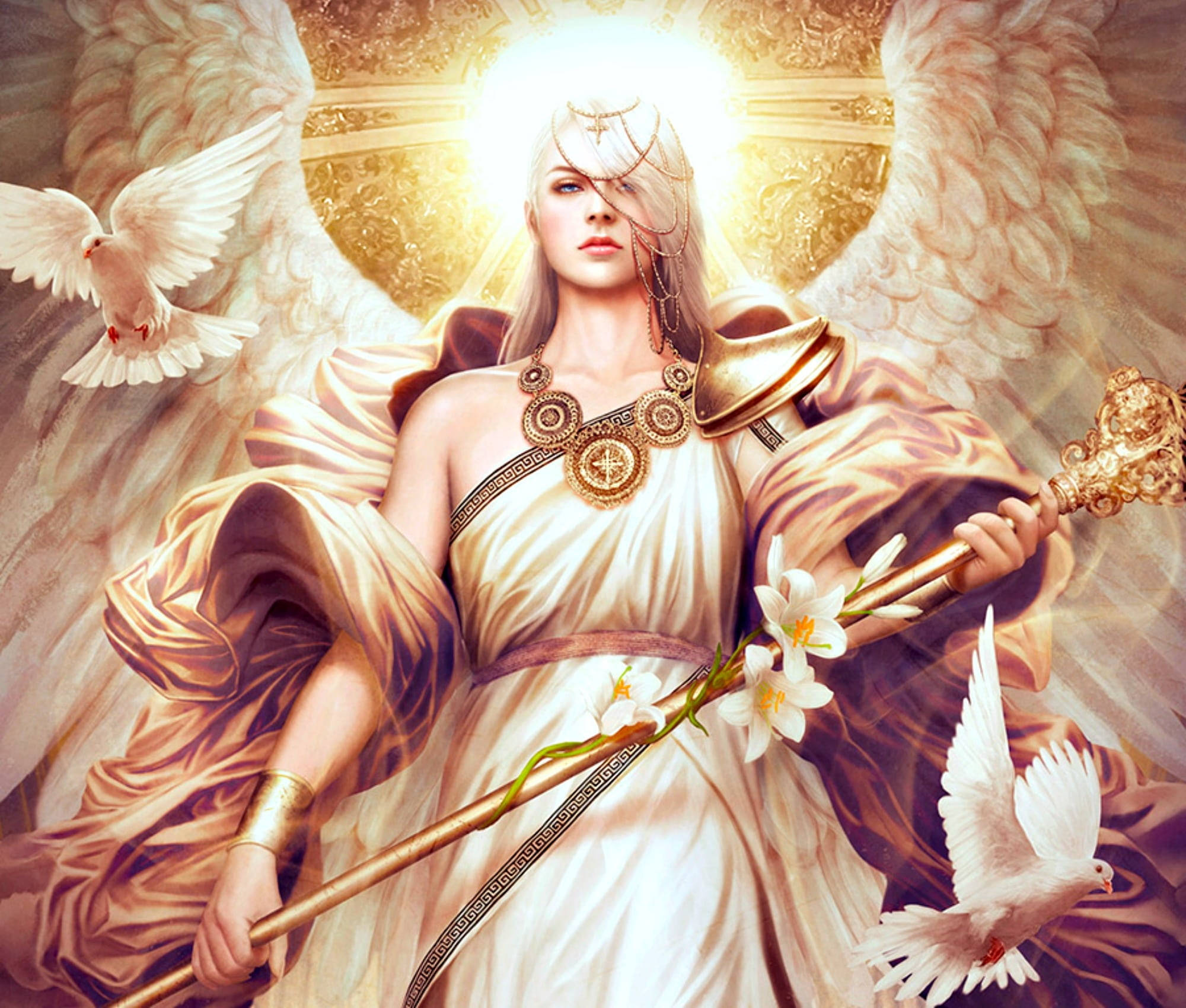 golden wings, glowing halo, staff adorned with white lilies, Full HD Desktop Wallpaper