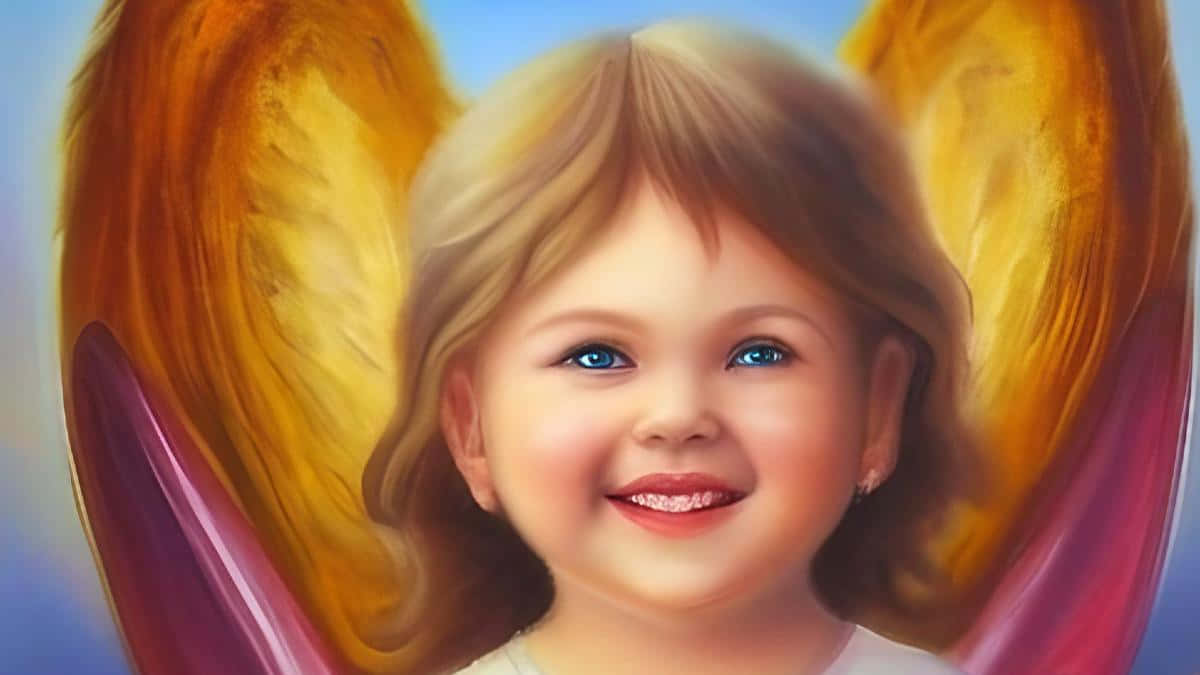 cute angel, golden wings, soft blue background, SD Desktop Wallpaper