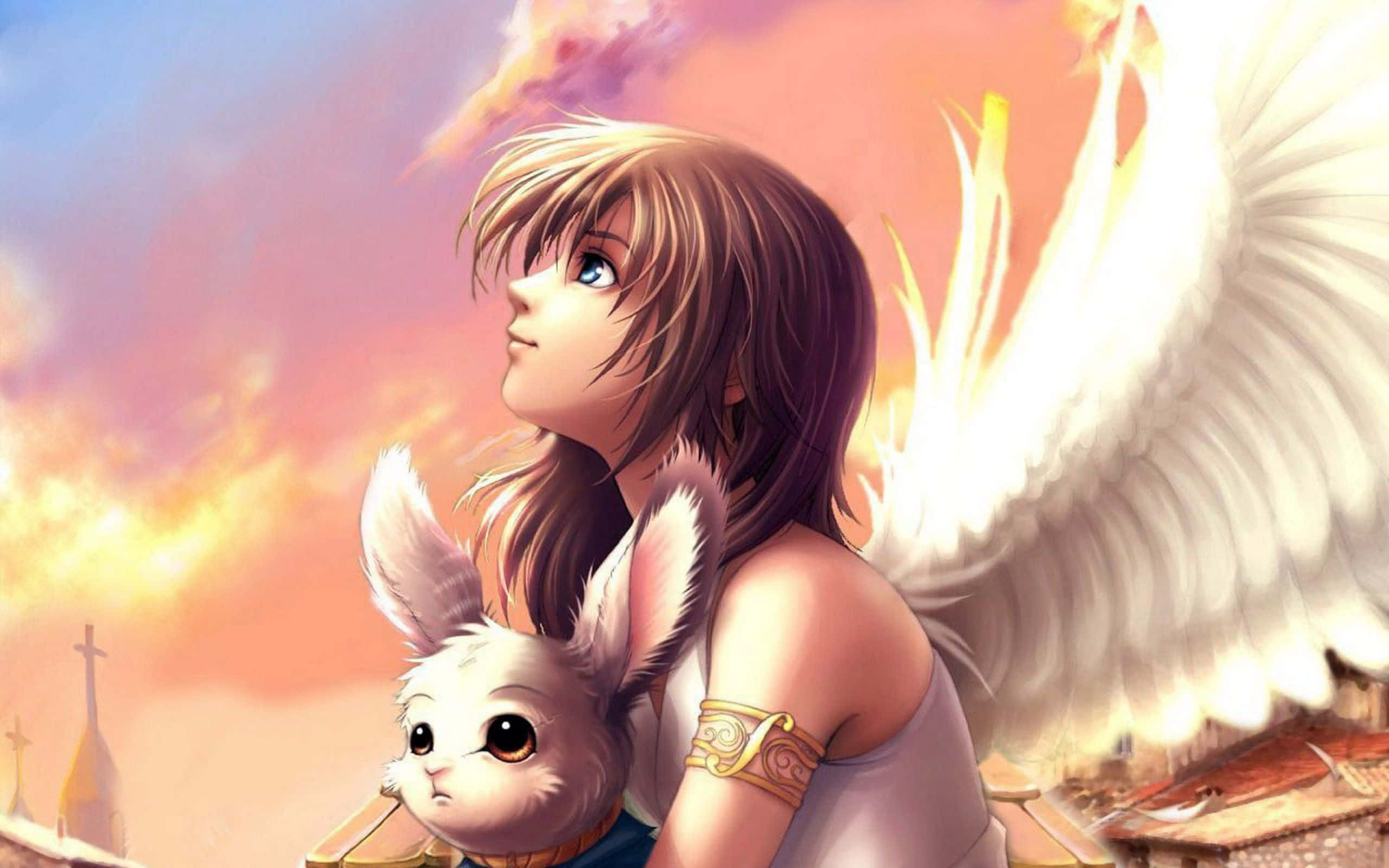 Cute Angels, white wings, bunny companion, 2K Desktop Wallpaper