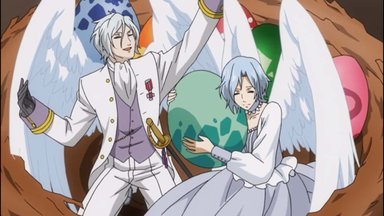 Angelic Twins Celebration Anime Scene, white wings, nest, HD Desktop Wallpaper