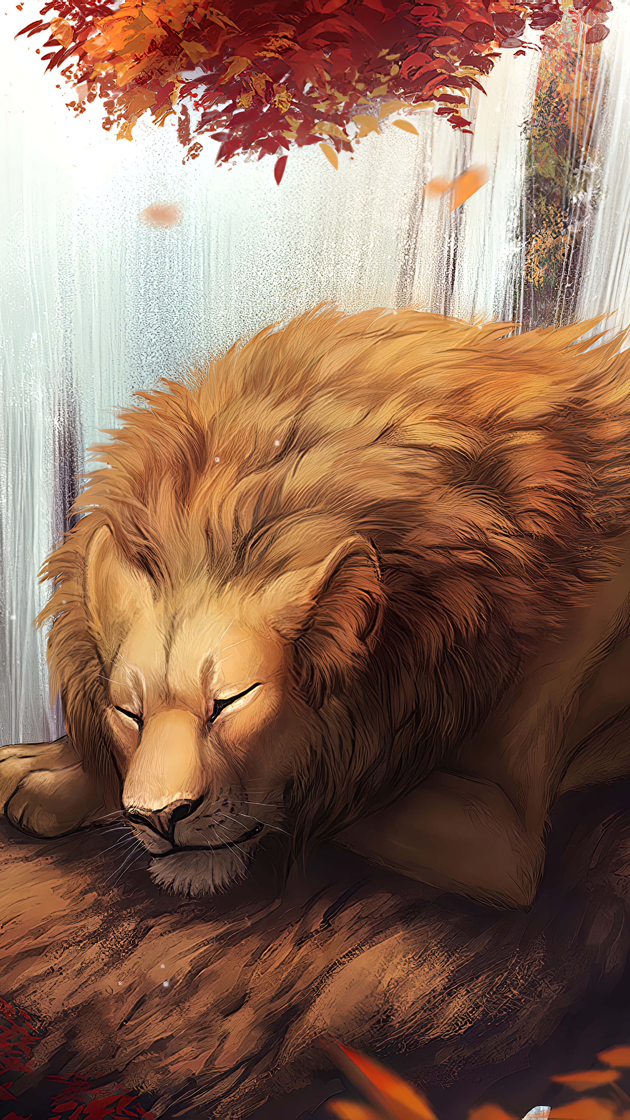 Cute Animal iPhone, lion, autumn leaves, 4K Phone Wallpaper