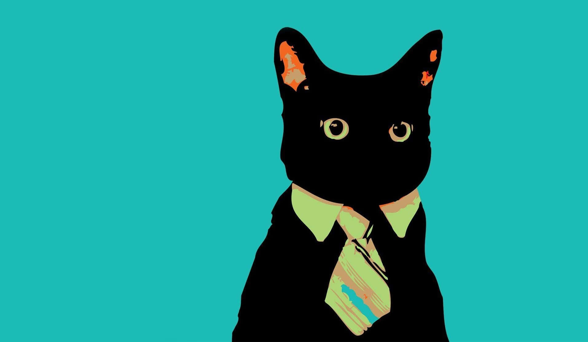 black cat, suit and tie, solid teal background, HD Desktop Wallpaper