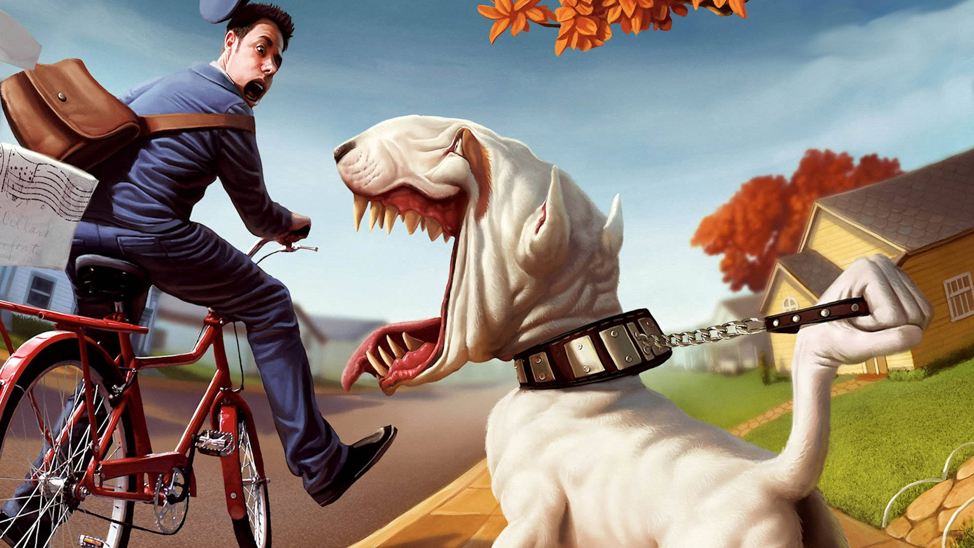 cartoon dog, giant white dog, chain leash, Full HD Desktop Wallpaper