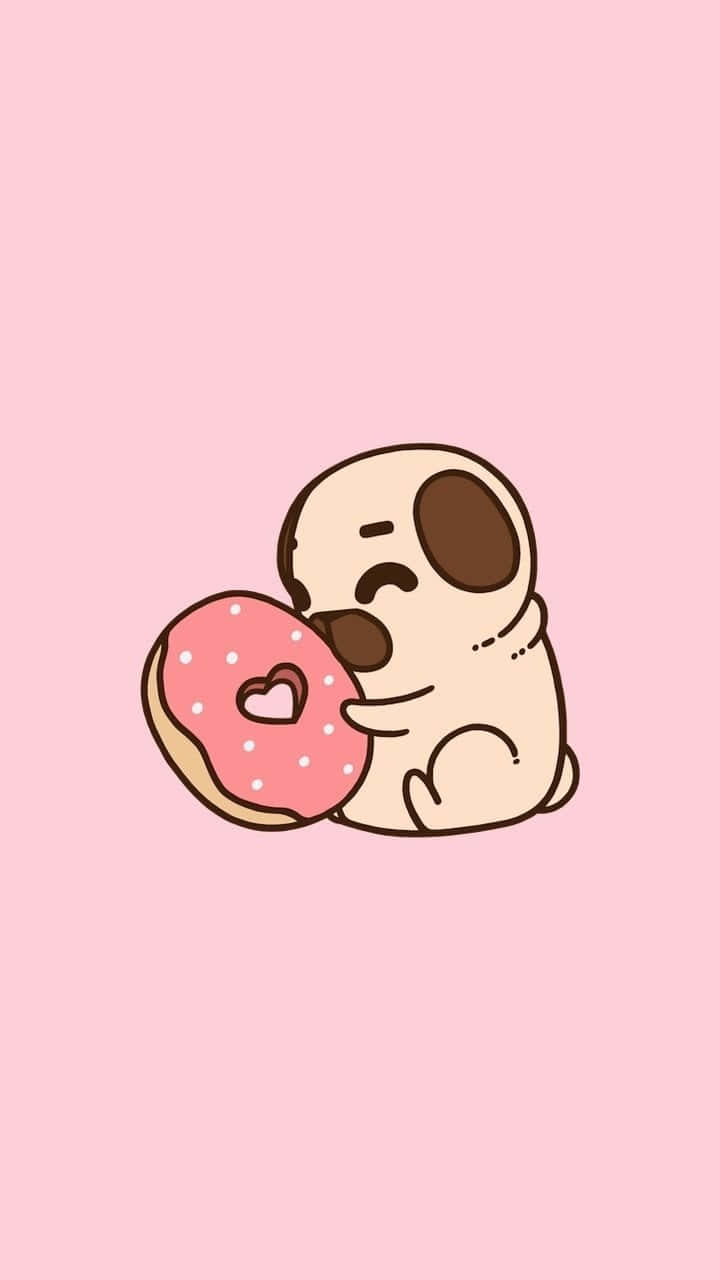 Cute Animals Cartoon, pug, pink frosted donut, HD Phone Wallpaper