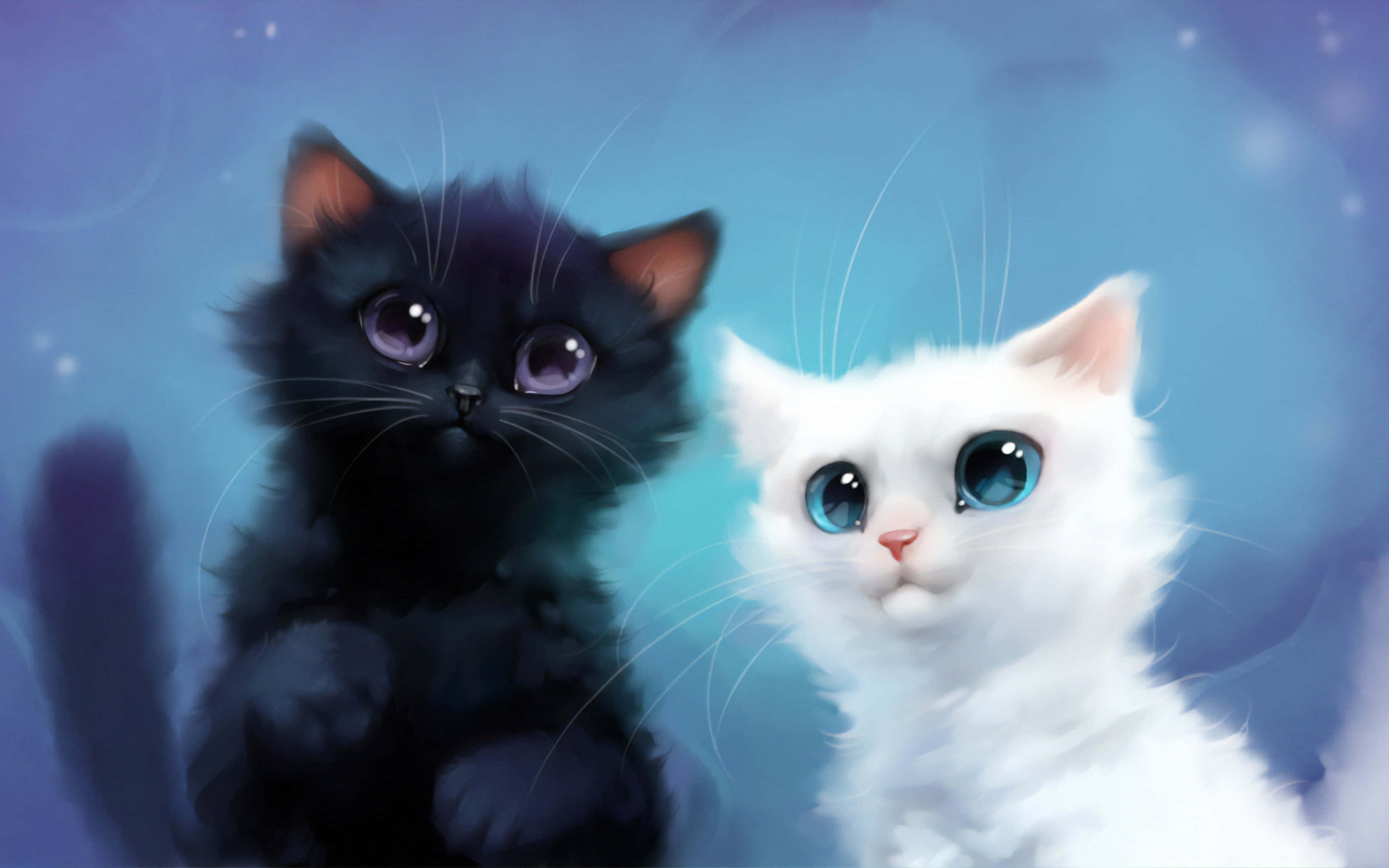 Cute Animals Cartoon, white kitten, black kitten, 4K Desktop Wallpaper