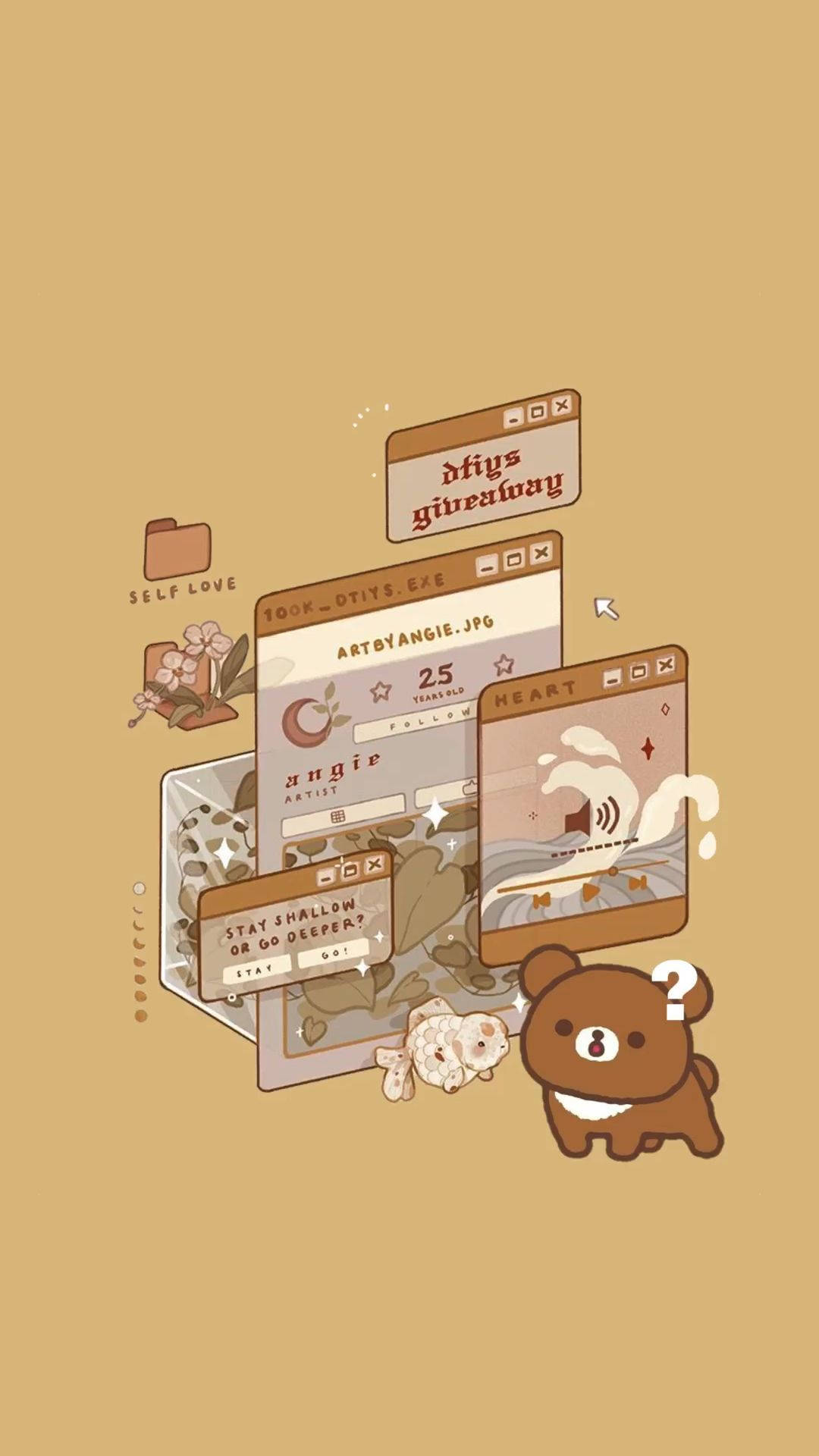 cute brown bear, question mark, floating social media windows, Full HD Phone Wallpaper
