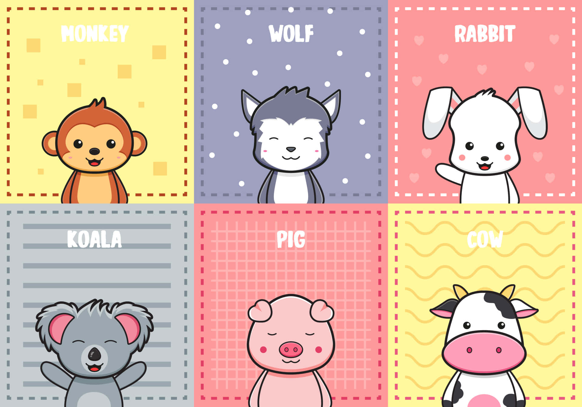Cartoon Animal Names, six cute cartoon animals, colorful framed panel, Full HD Desktop Wallpaper