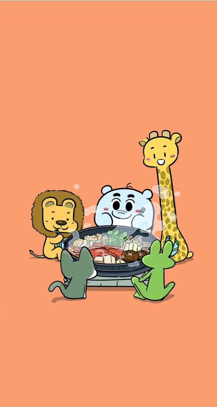 cute animals cartoon, steaming hot pot, warm orange setting, HD Phone Wallpaper