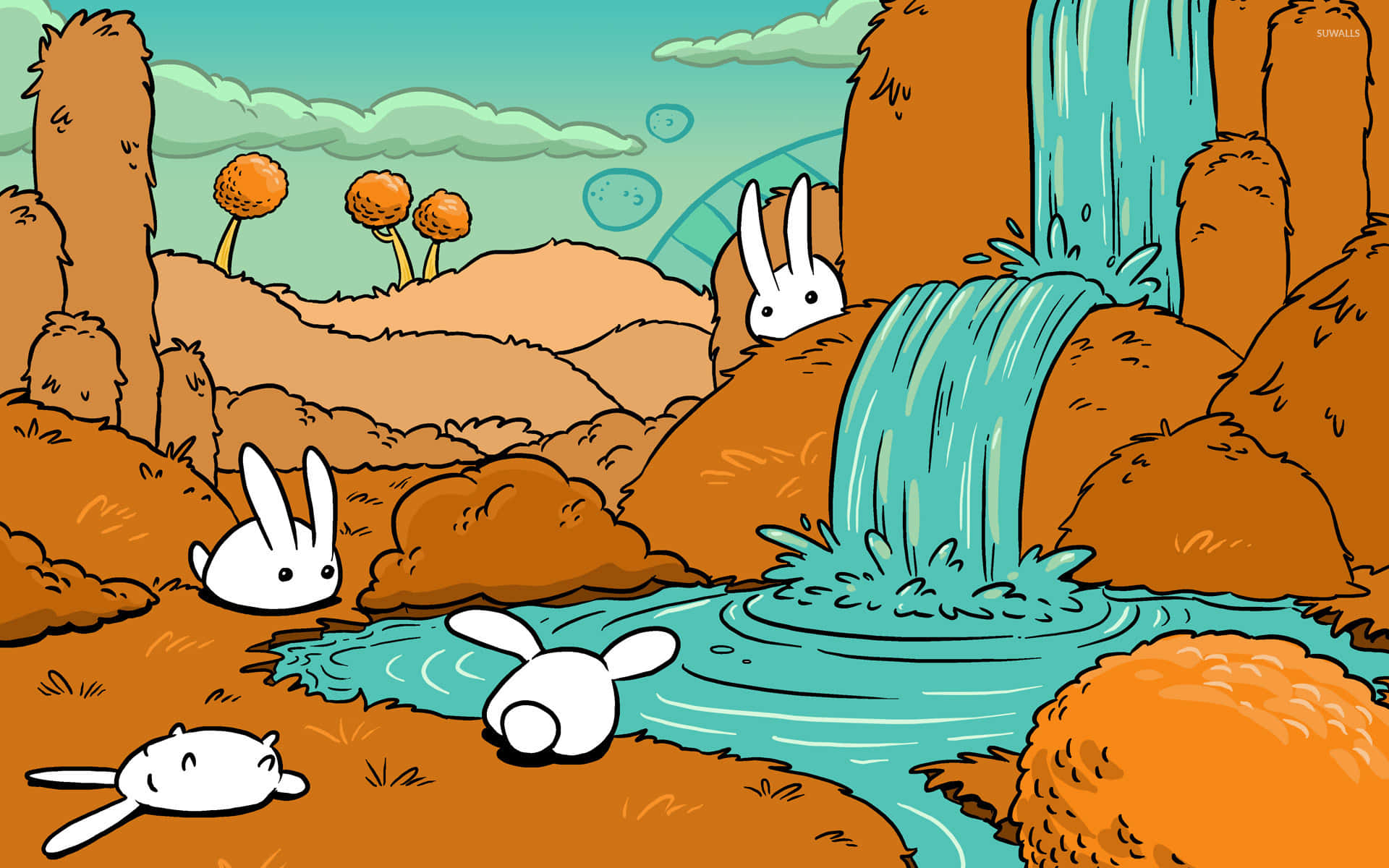 cartoon animal, white cartoon bunnies, turquoise waterfall, Full HD Desktop Wallpaper
