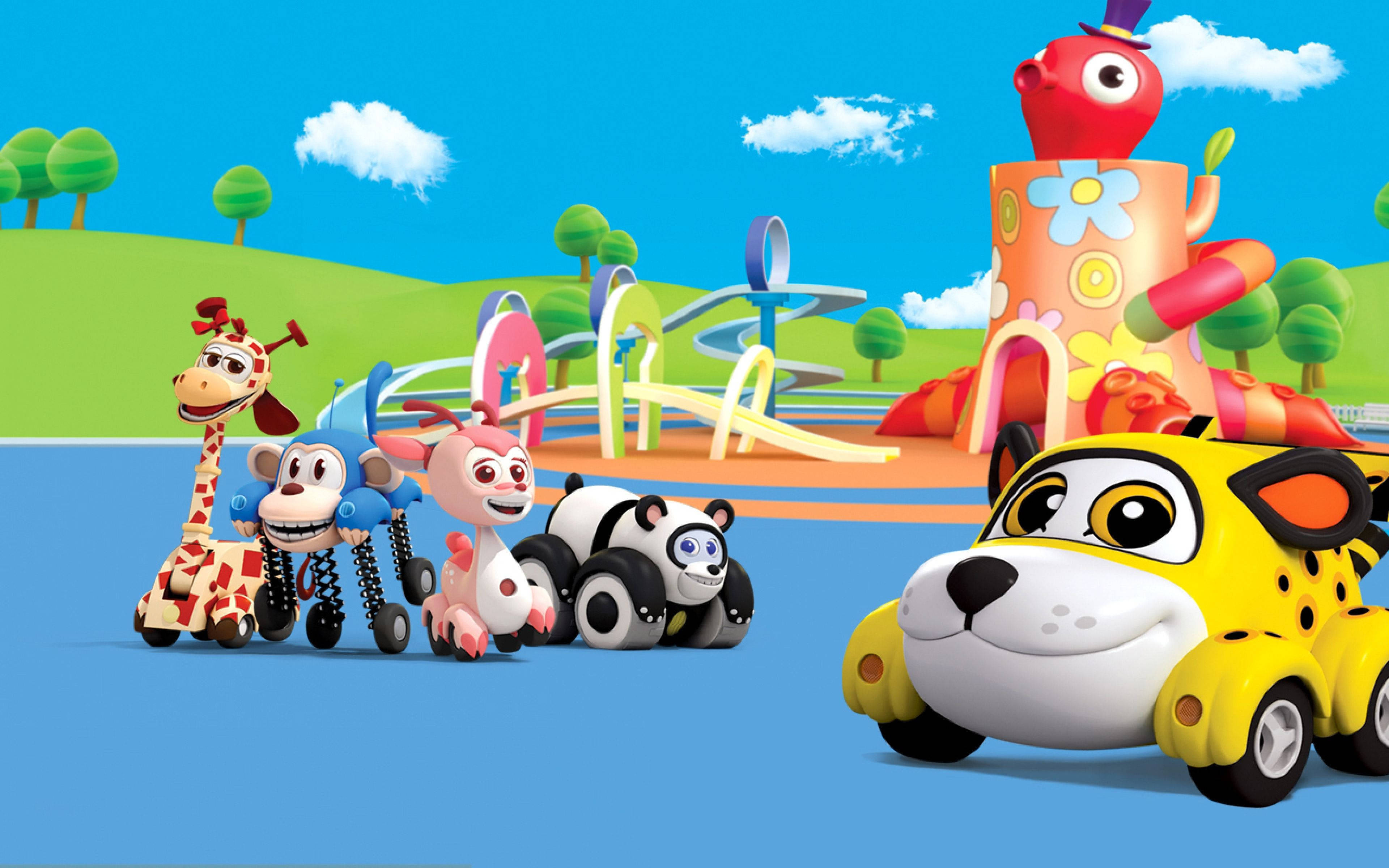 Cute Cartoon Animal Car, yellow car, bright blue playground, 4K Desktop Wallpaper