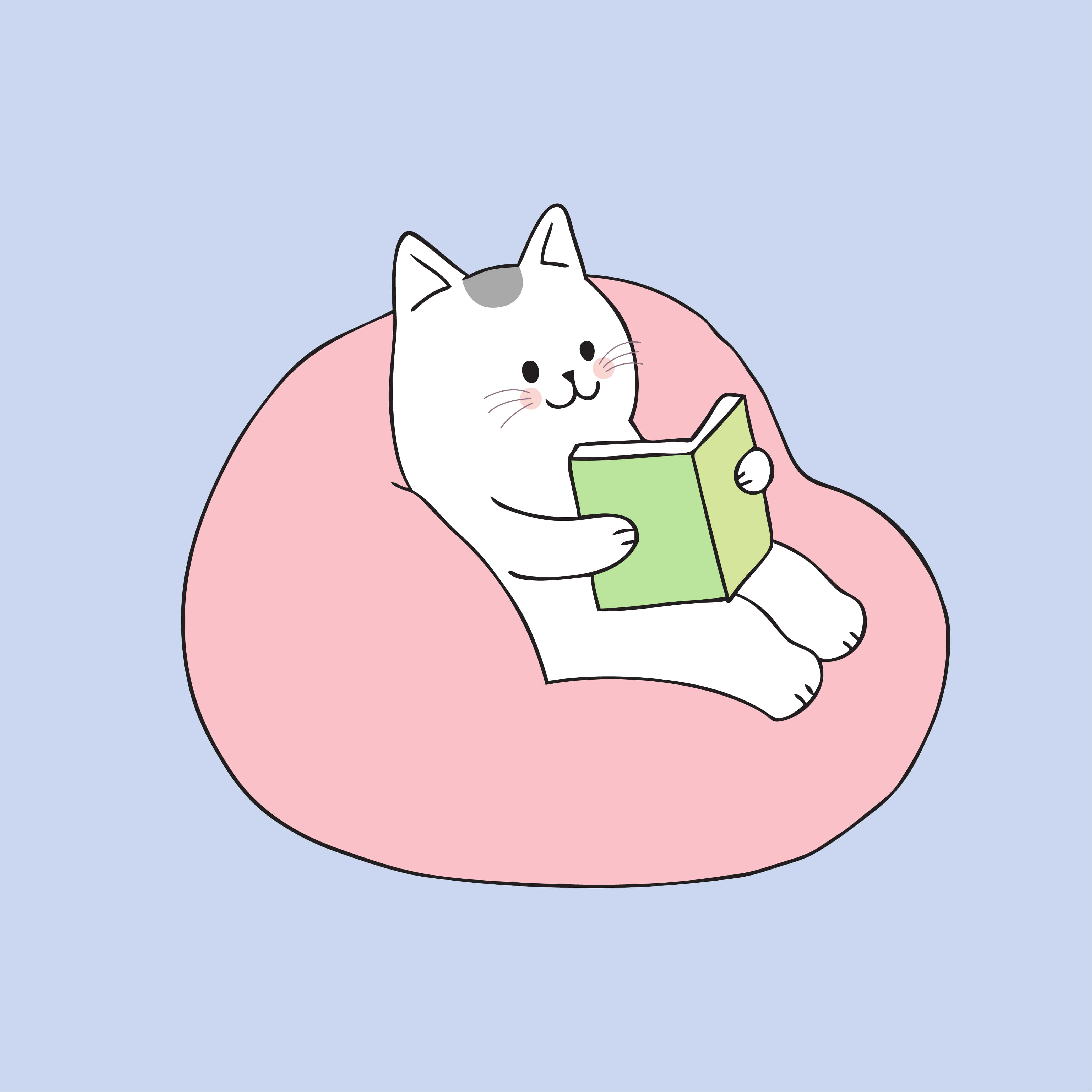 cute white cartoon cat, gray patch, green book, 4K Desktop Wallpaper
