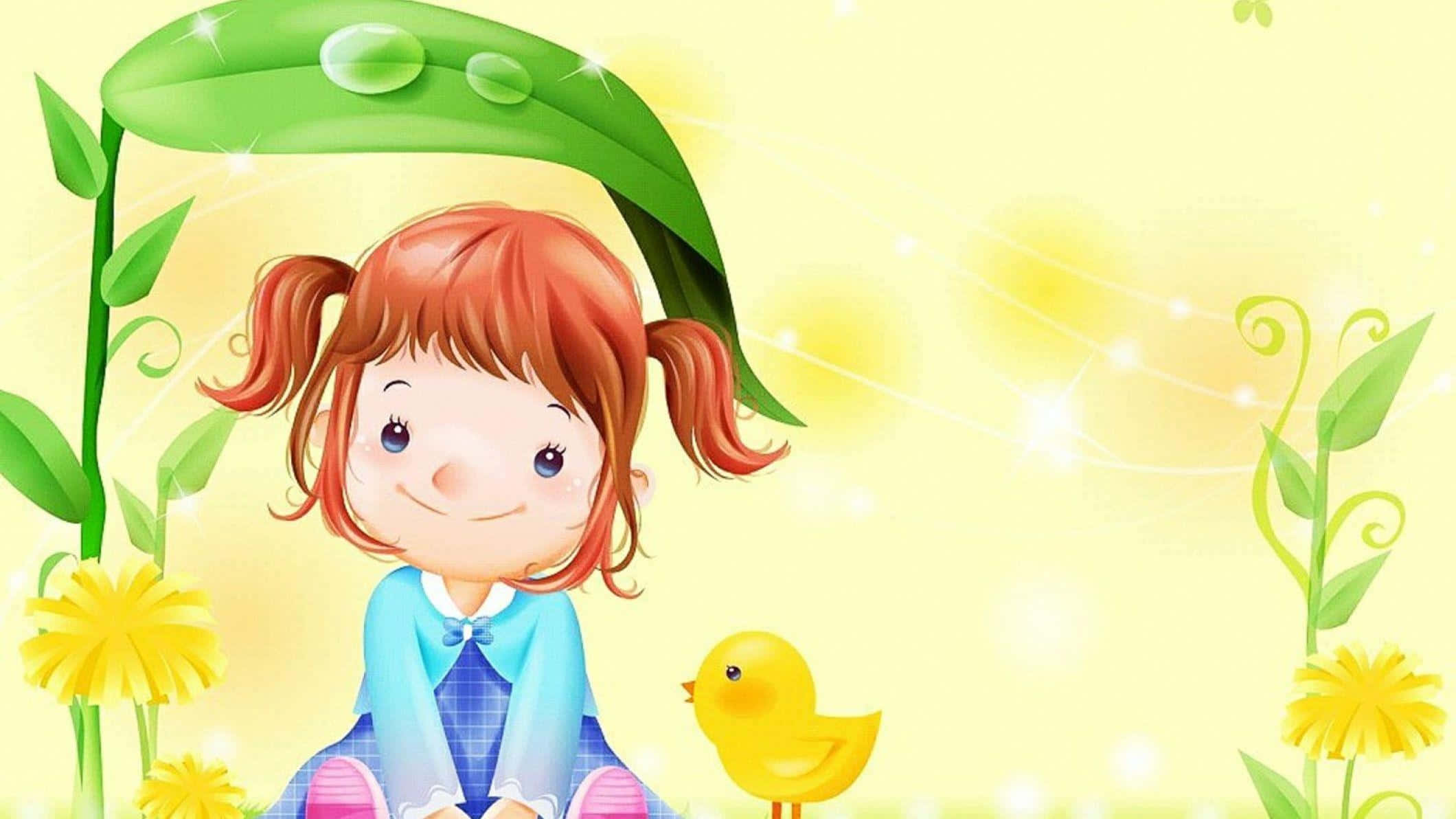 red pigtails, giant green leaf, yellow chick, Full HD Desktop Wallpaper