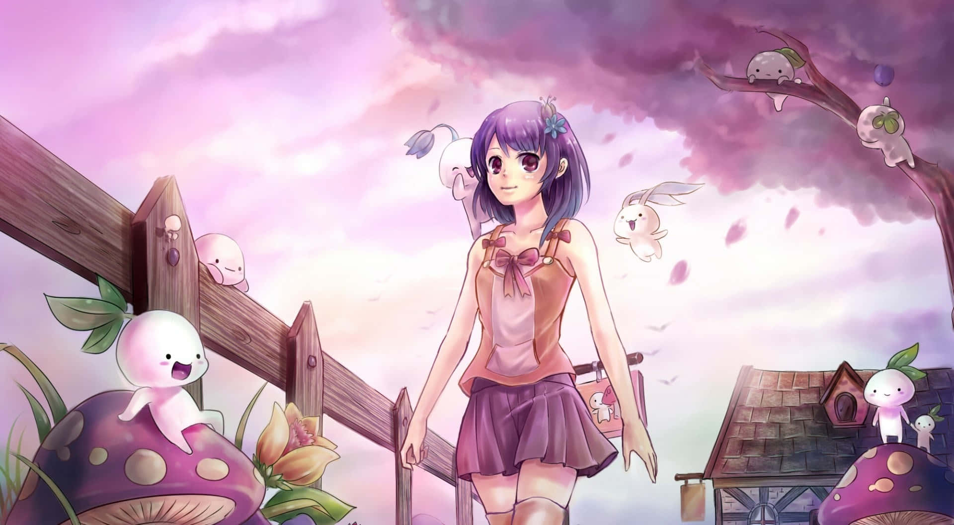 purple-haired anime girl, whimsical garden, floating creatures, Full HD Desktop Wallpaper