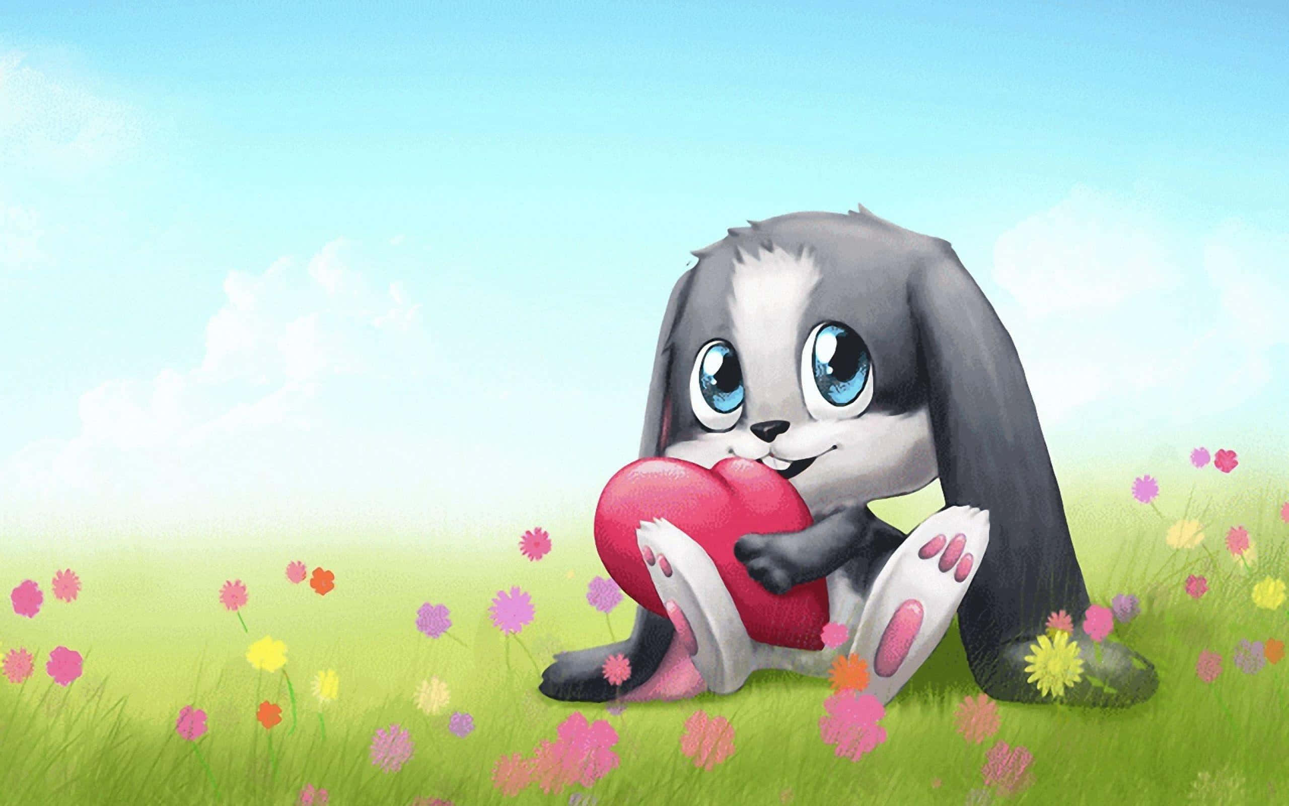 gray bunny, blue eyes, field of colorful flowers, 2K Desktop Wallpaper