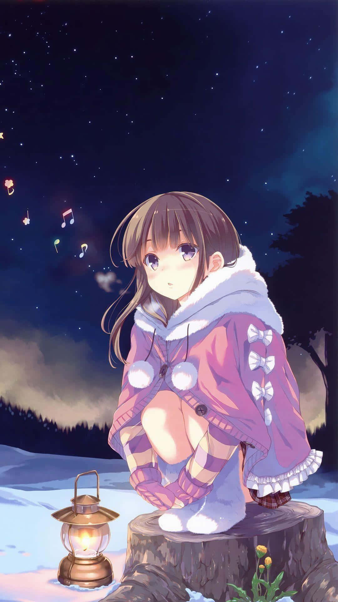 anime girl, cozy winter coat, tree stump, Full HD Phone Wallpaper