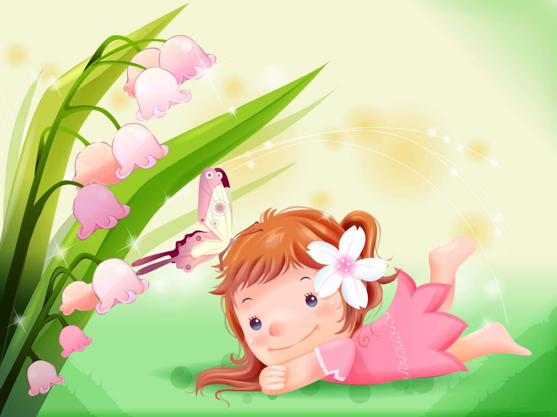 cartoon girl, pink dress, grass, Full HD Desktop Wallpaper