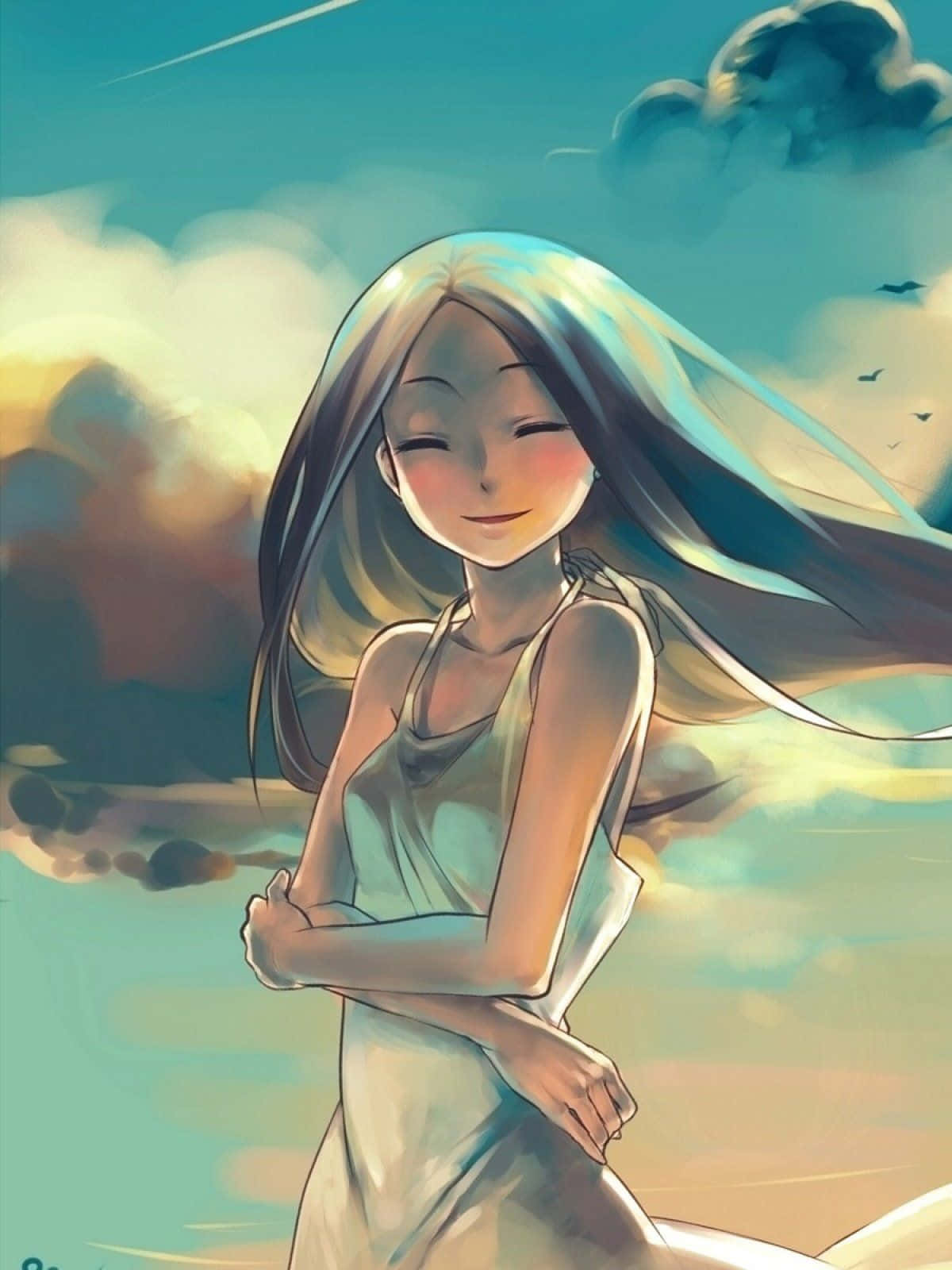 anime girl, long flowing hair, soft sky, HD Phone Wallpaper