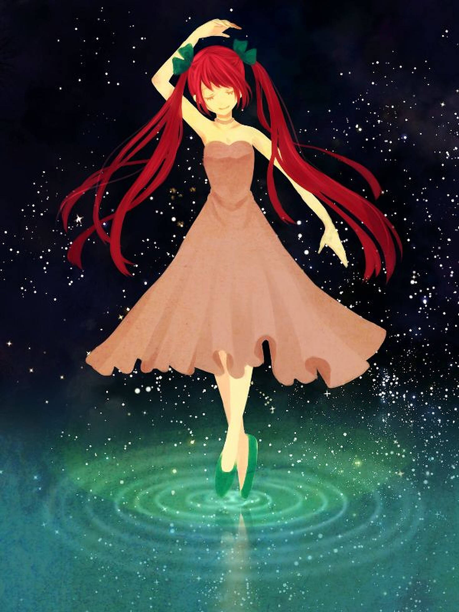 red-haired anime girl, peach dress, glowing green water ripples, Full HD Phone Wallpaper
