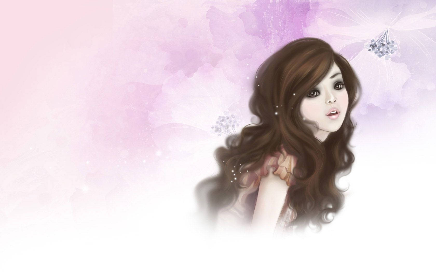 anime girl, long brown hair, soft pink and purple watercolor clouds, HD Desktop Wallpaper
