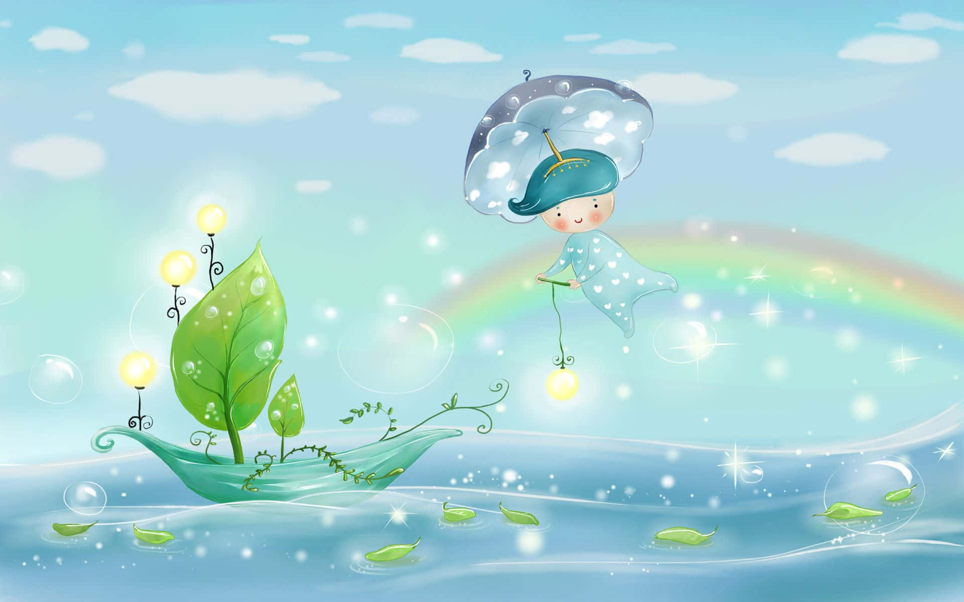whimsical cartoon child, umbrella, leaf boat, Full HD Desktop Wallpaper