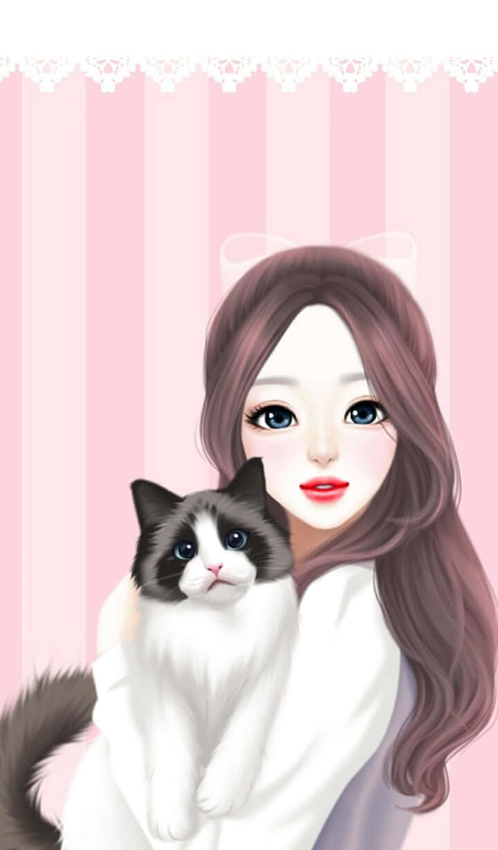 cute anime girl, long brown hair, fluffy black and white cat, SD Phone Wallpaper