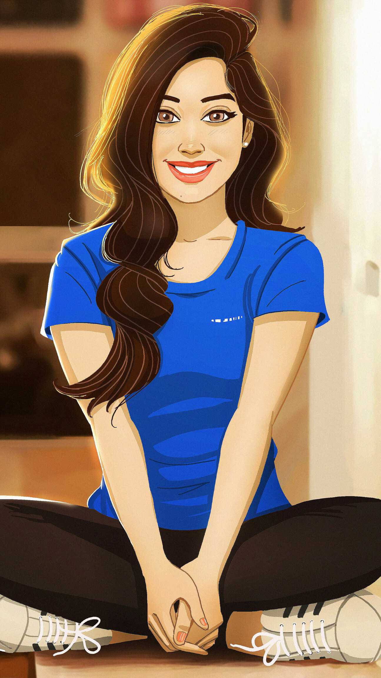 Cute Woman Animated, long brown hair, blue shirt, Full HD Phone Wallpaper