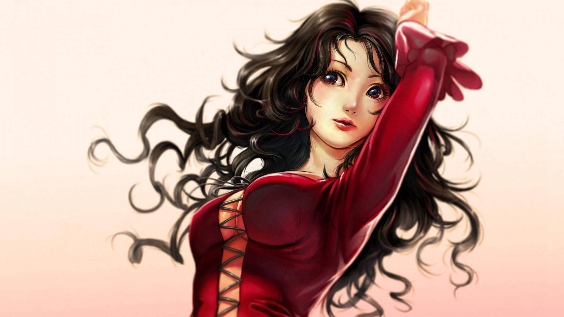anime woman, flowing dark hair, red outfit, Full HD Desktop Wallpaper