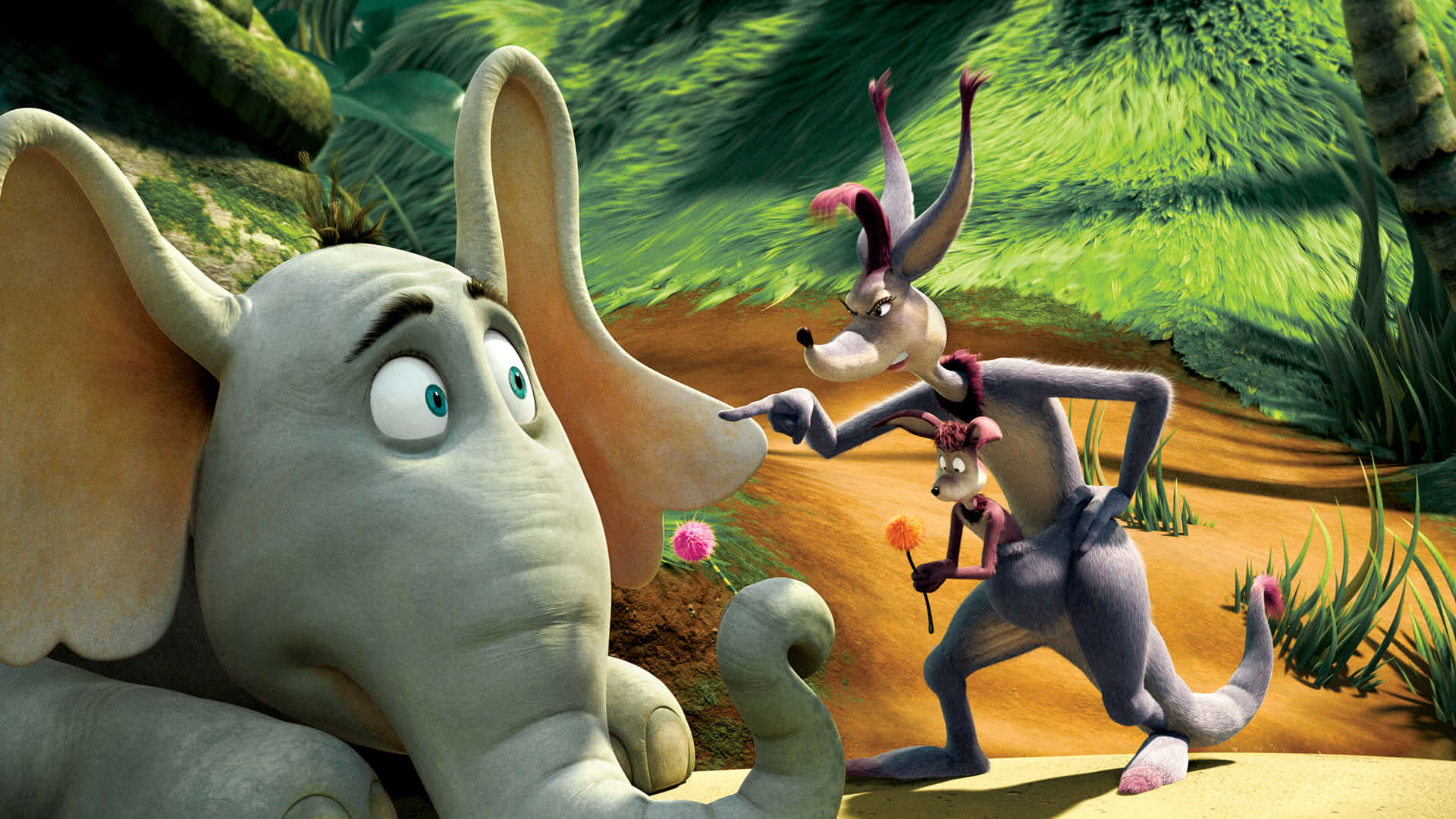 cartoon elephant, animated kangaroos, lush green jungle, Full HD Desktop Wallpaper