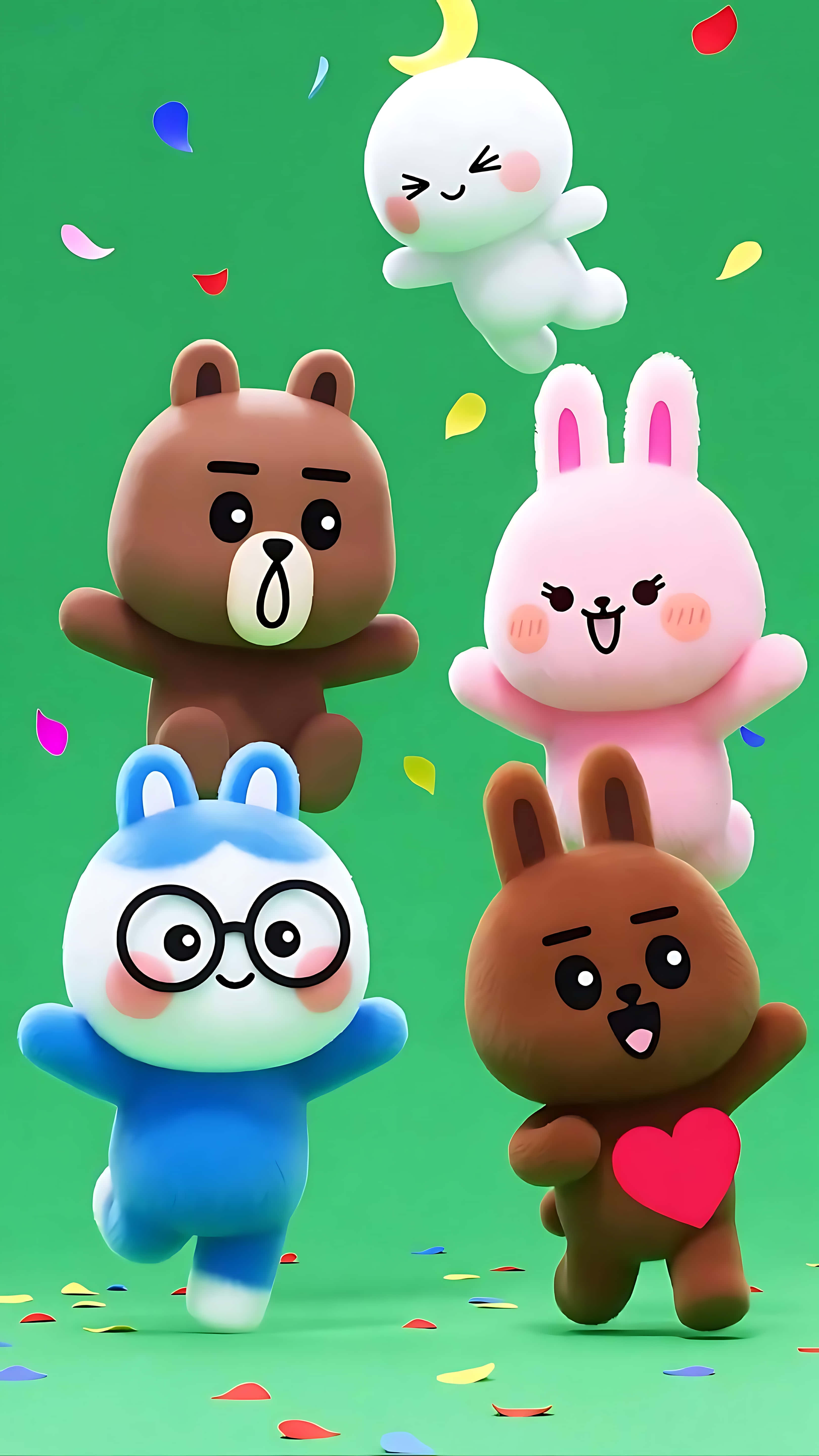 cute 3d fluffy animal characters, dancing, green surface, 5K Phone Wallpaper
