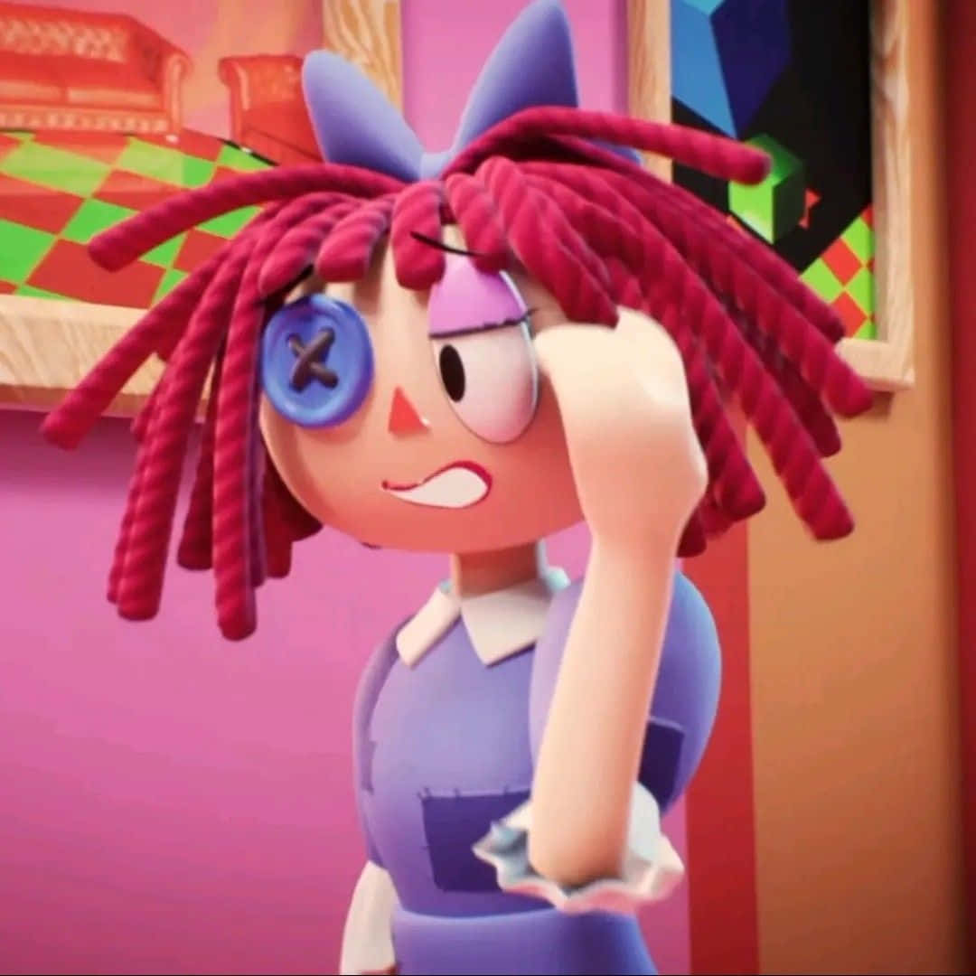 cartoon girl, red rope hair, blue button eye, SD Desktop Wallpaper
