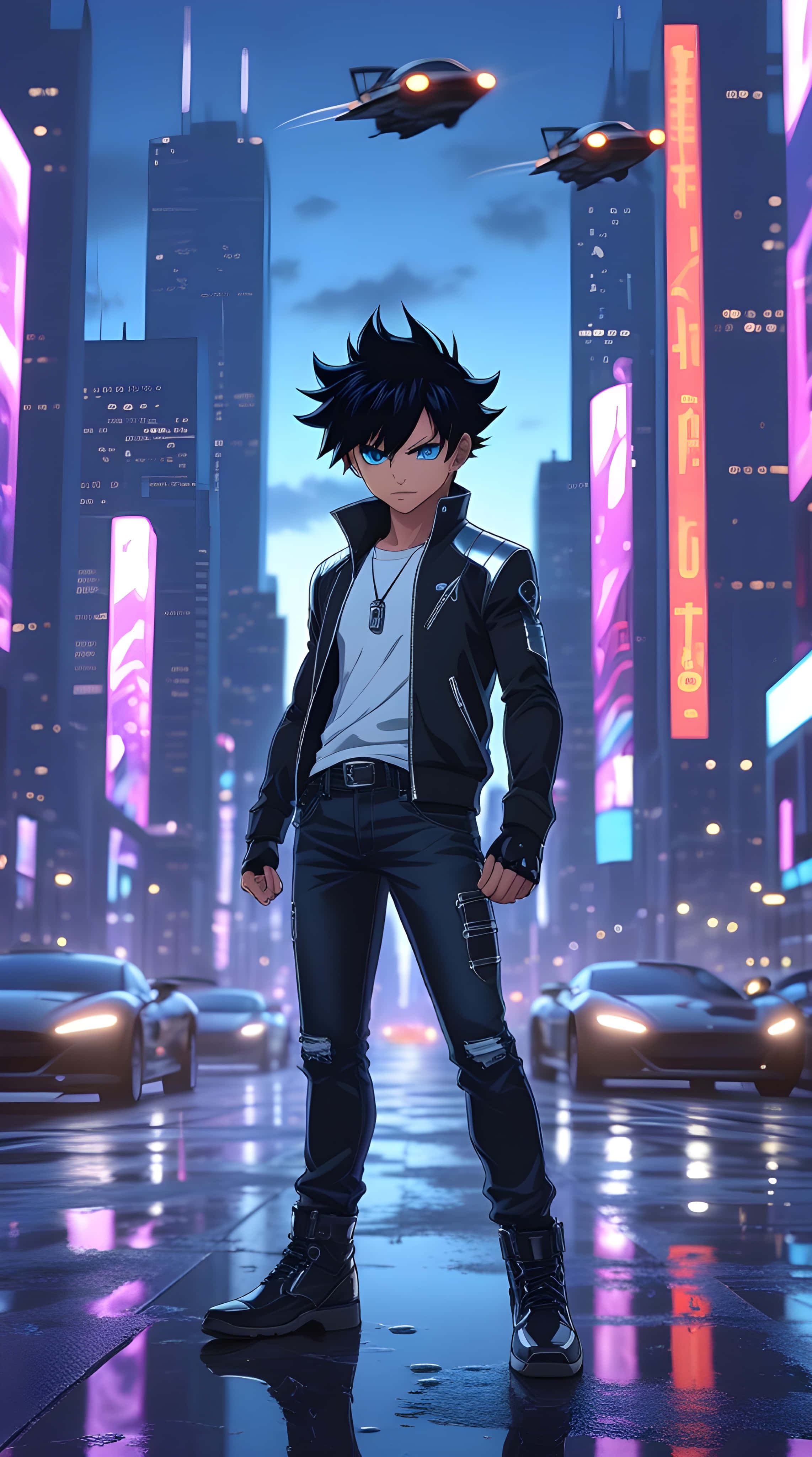 spiky-haired anime teen, black jacket, neon-drenched rainy cyberpunk street, 4K Phone Wallpaper