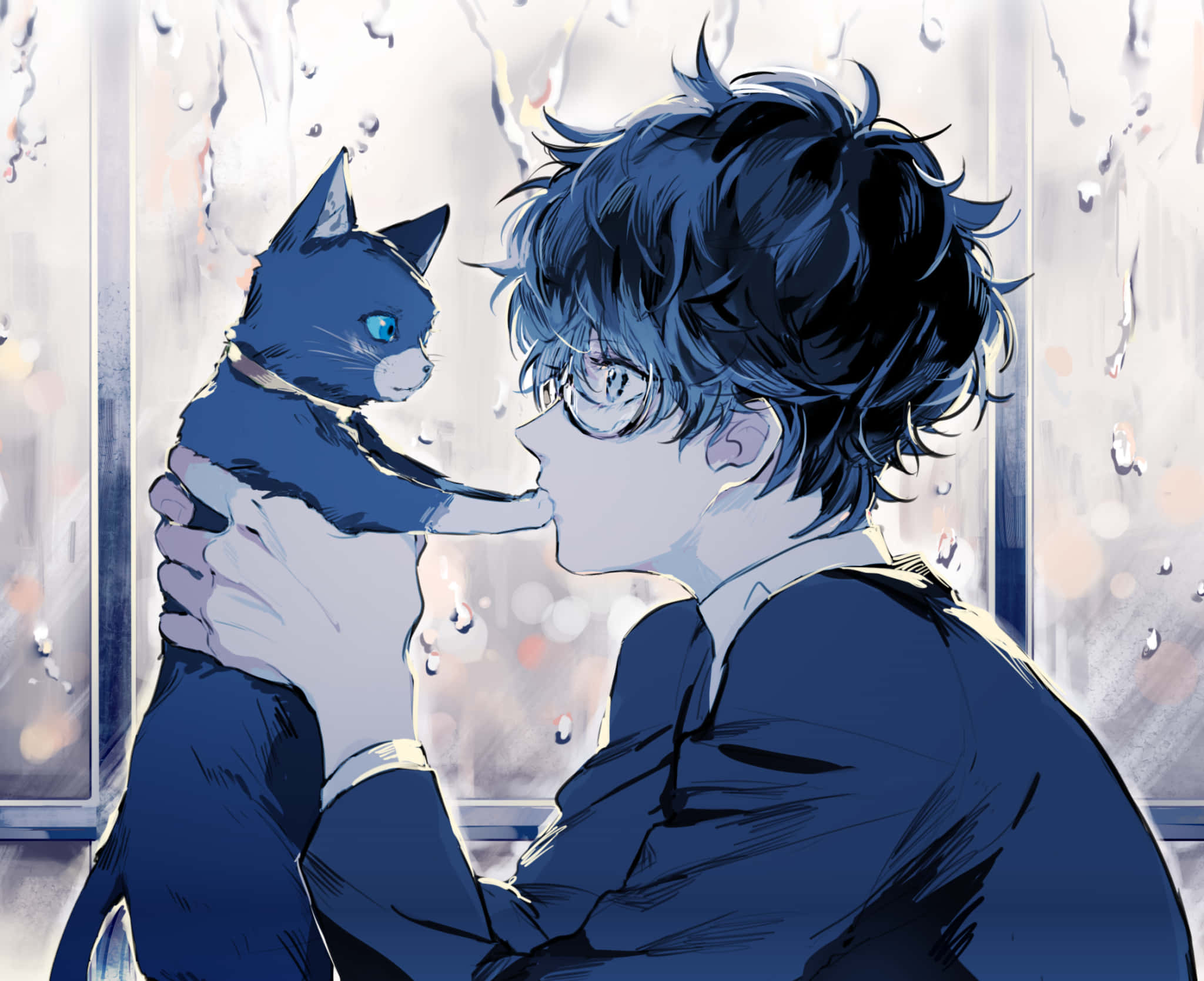 glasses, blue cat, rainy window, Full HD Desktop Wallpaper