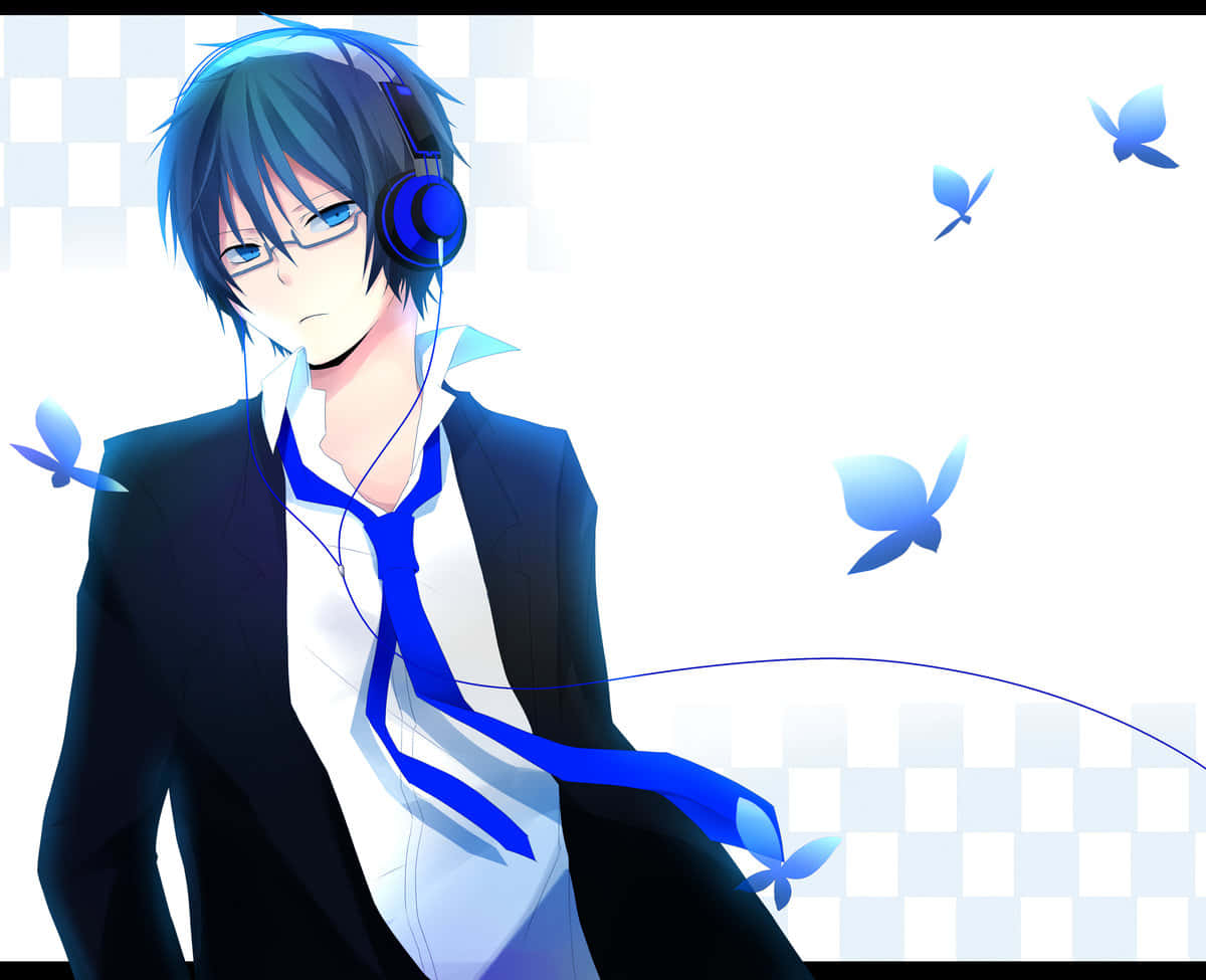 blue-haired anime boy, suit and tie, headphones, SD Desktop Wallpaper