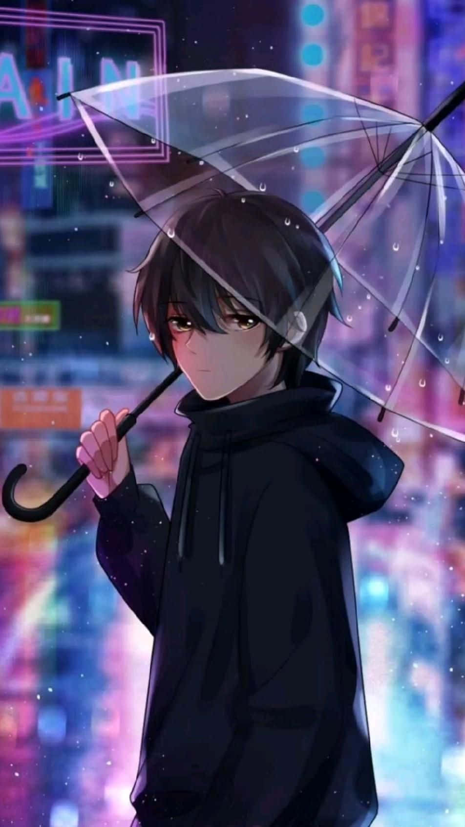 cute anime boys, black hoodie, clear umbrella, HD Phone Wallpaper