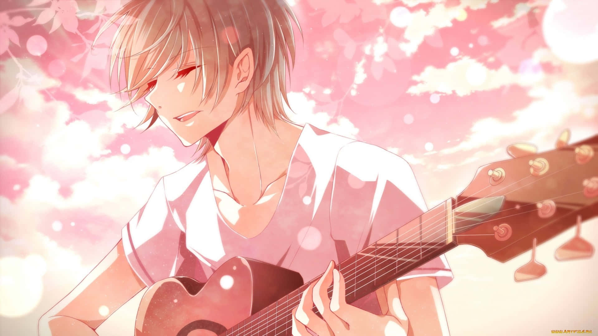 cute anime boys, light hair, acoustic guitar, Full HD Desktop Wallpaper