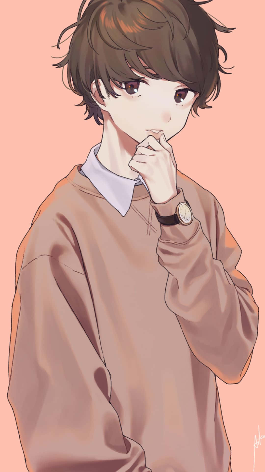 cute anime boys, brown hair, thoughtful eyes, Full HD Phone Wallpaper