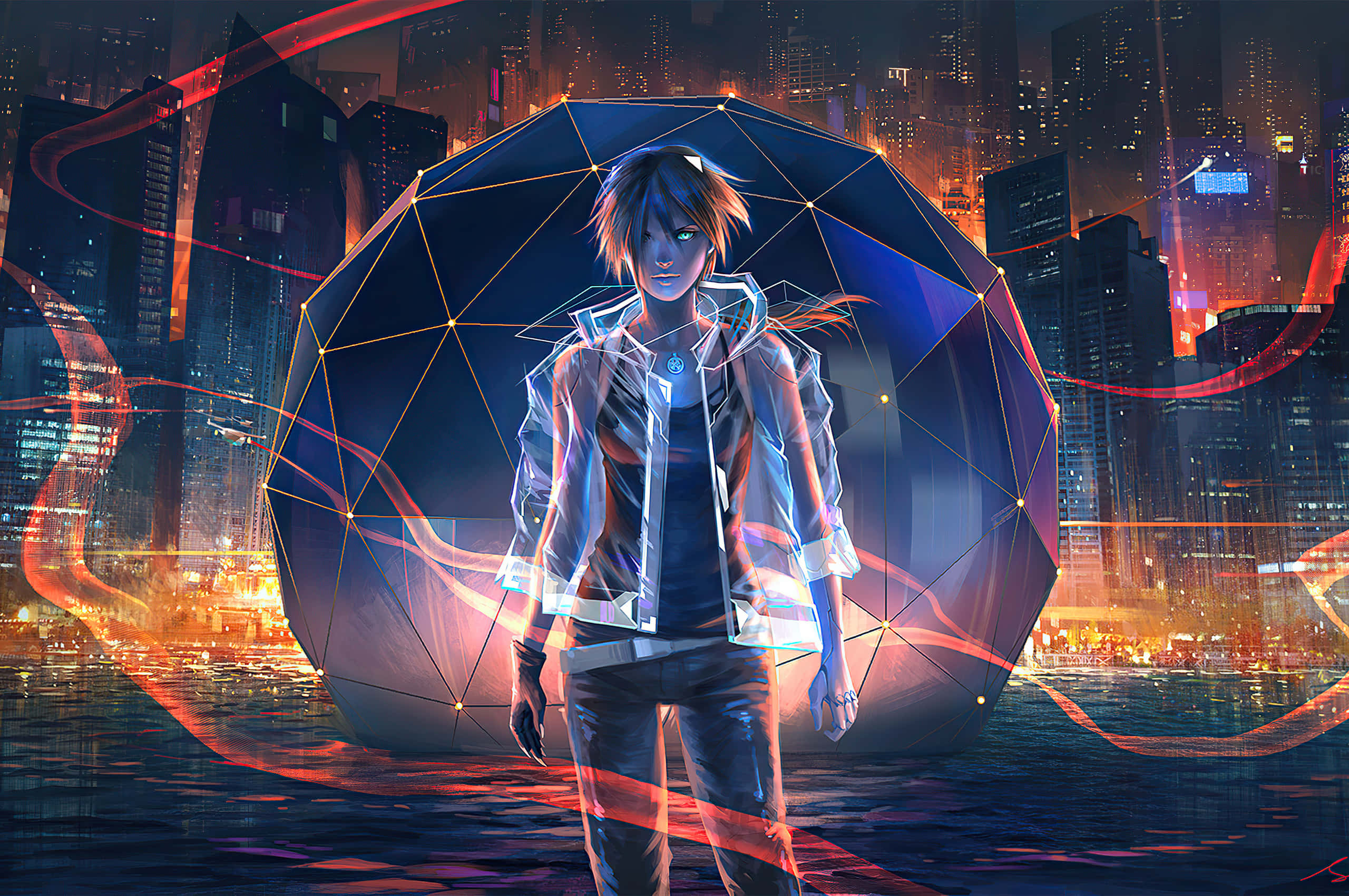 futuristic anime character, glowing geometric dome, neon-lit city skyline, 2K Desktop Wallpaper