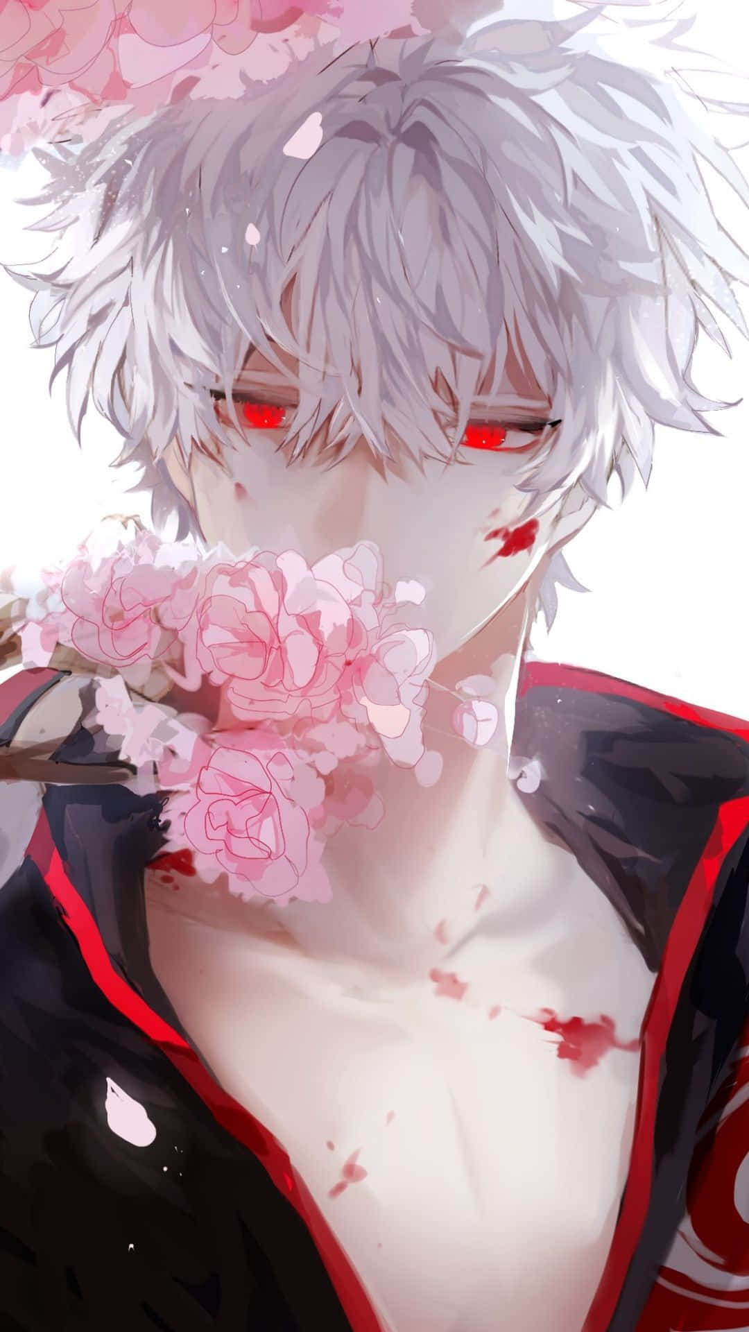 silver-haired anime character, red eyes, pink cherry blossoms, Full HD Phone Wallpaper