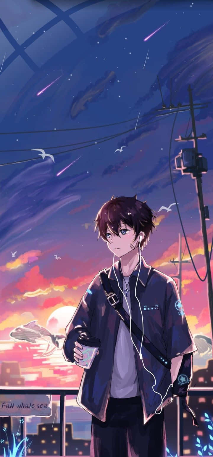 cute anime boys, rooftop, sunset, HD Phone Wallpaper