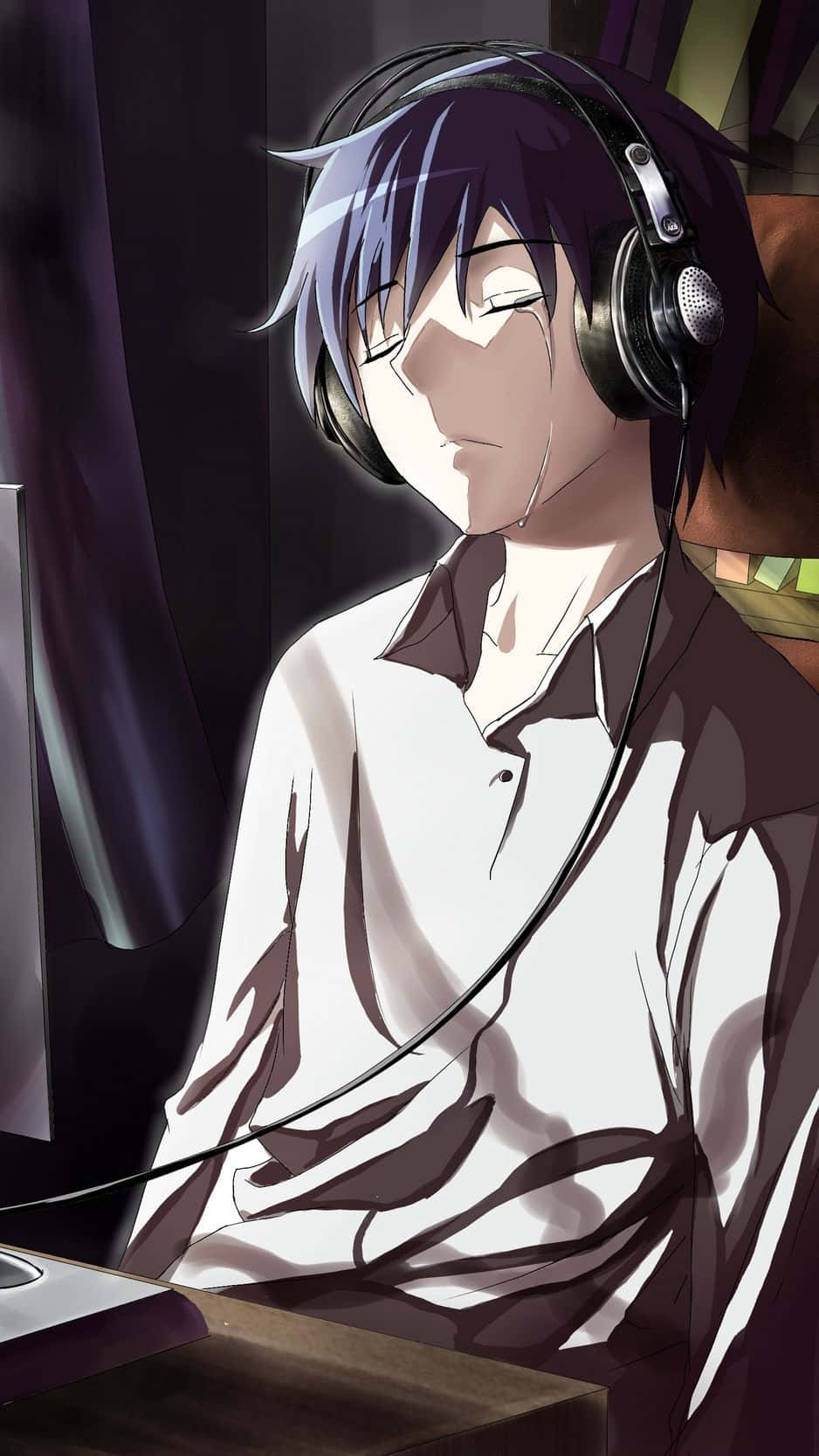purple hair, headphones, desk, HD Phone Wallpaper