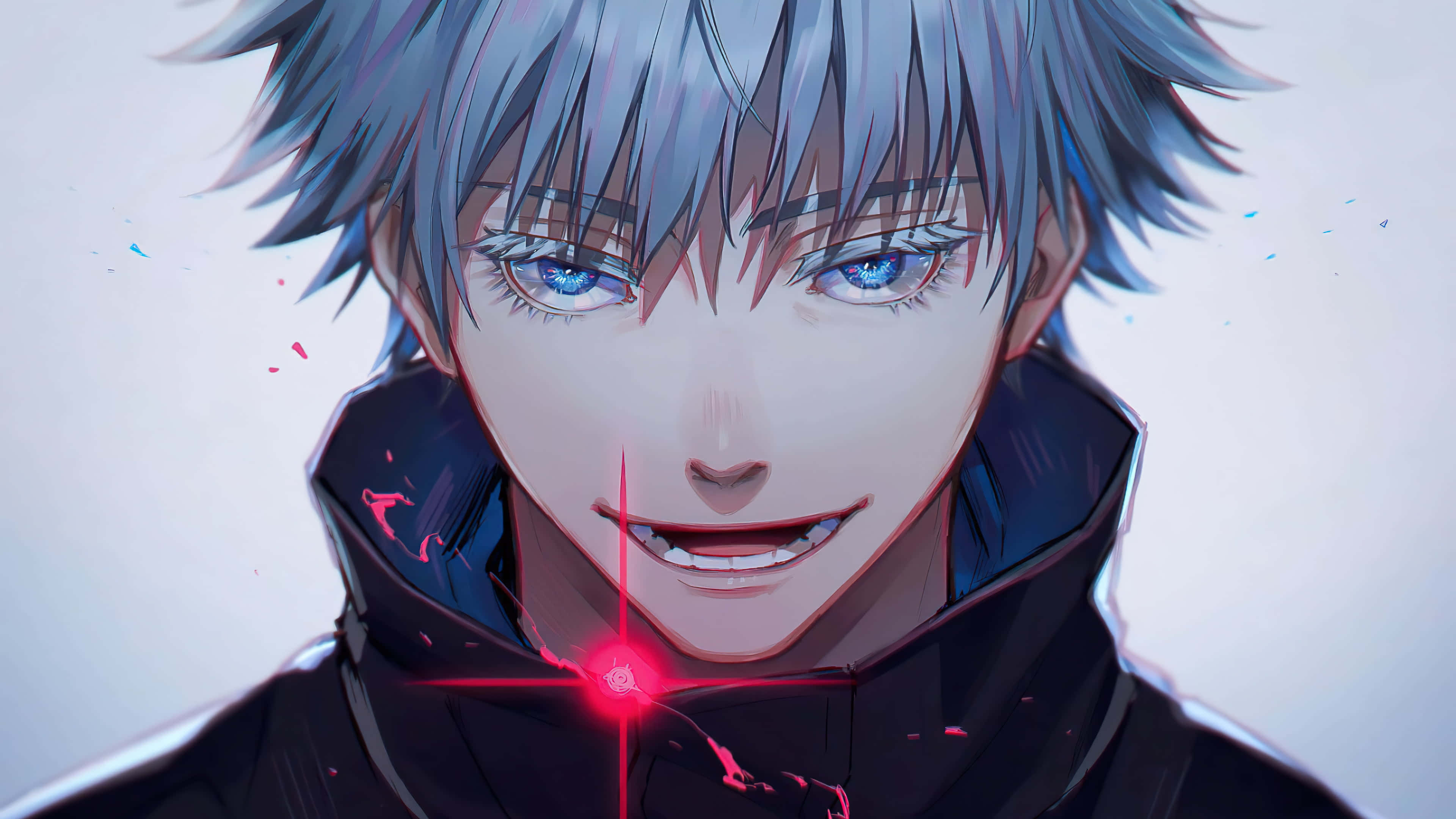 silver-haired, blue-eyed, red glowing mark on his chin, 4K Desktop Wallpaper