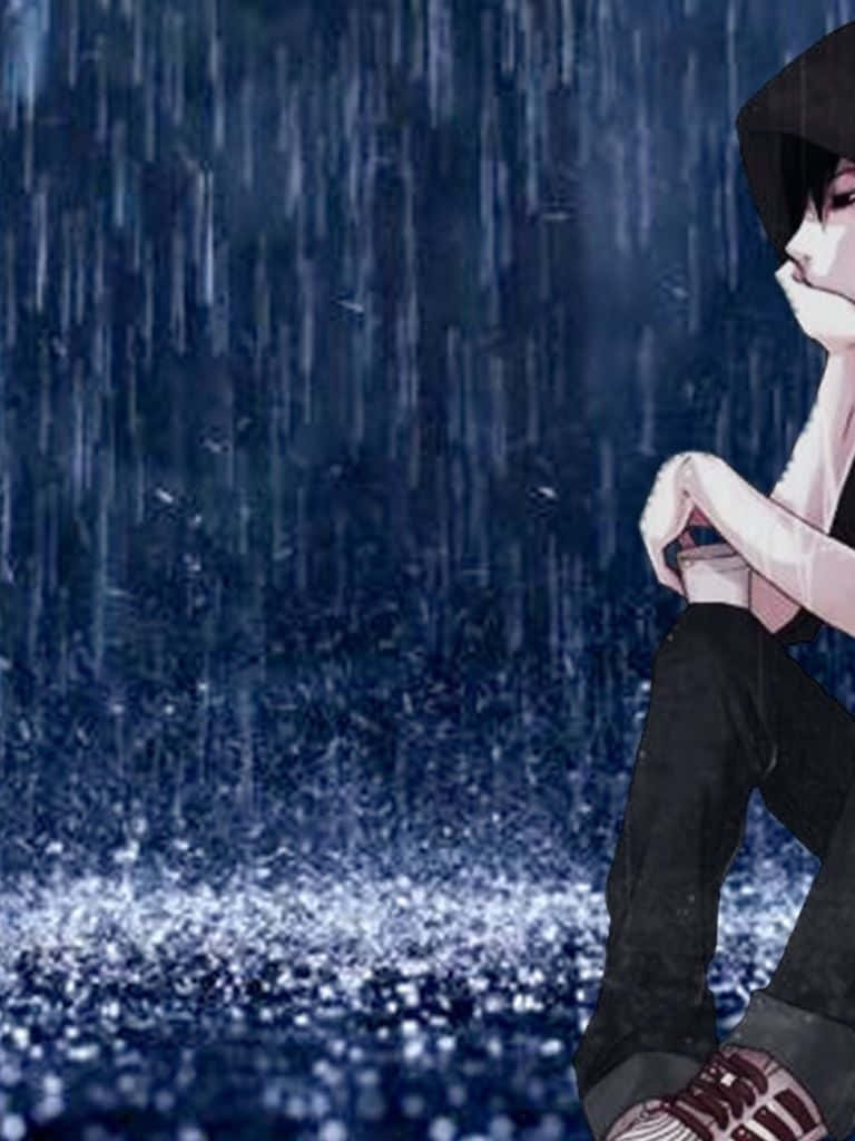 cute boy anime character, rain, hood up, SD Phone Wallpaper