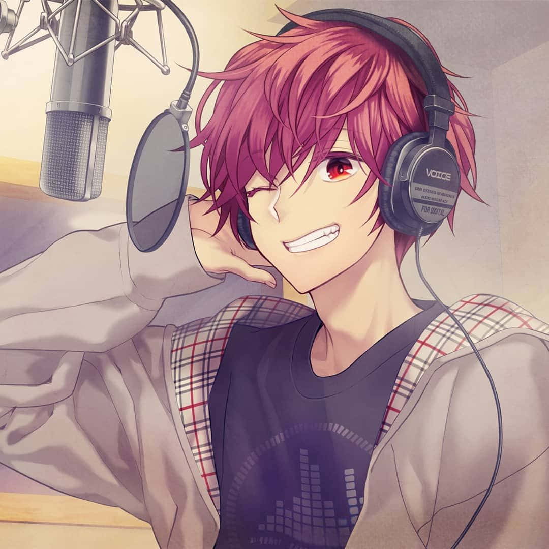 cute anime boy, red hair, headphones, SD Desktop Wallpaper