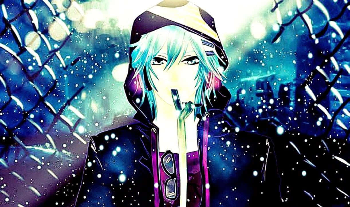 cyan-haired anime character, hoodie, chain-link fence, SD Desktop Wallpaper