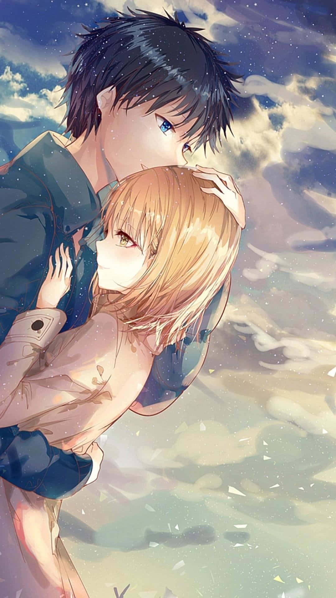 cute anime boy, starry sky, soft clouds, Full HD Phone Wallpaper