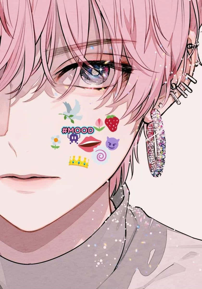 pink-haired teen, glittery eye, colorful face stickers, SD Phone Wallpaper
